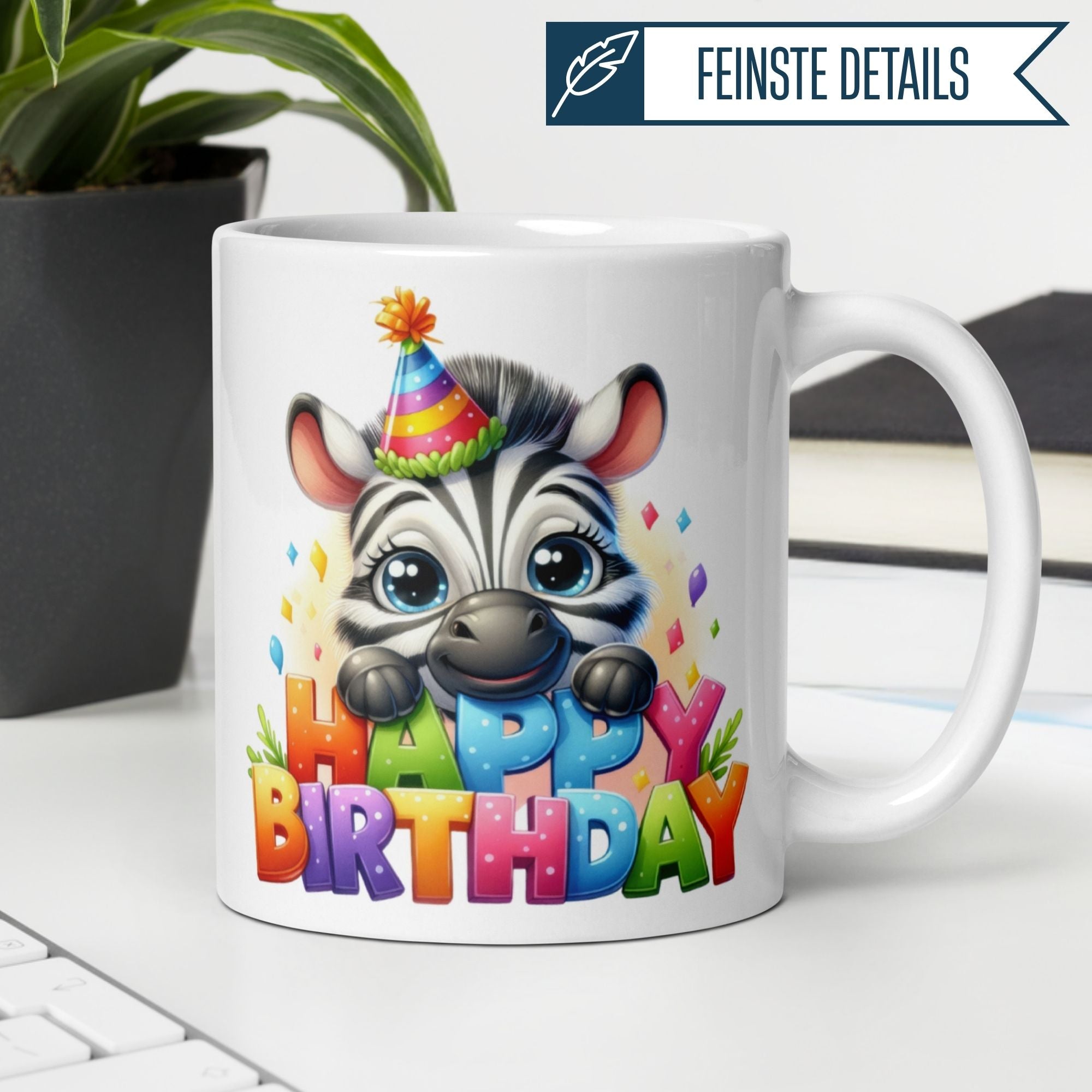 Colorful birthday mug featuring a cute zebra with a party hat and 'Happy Birthday' design.