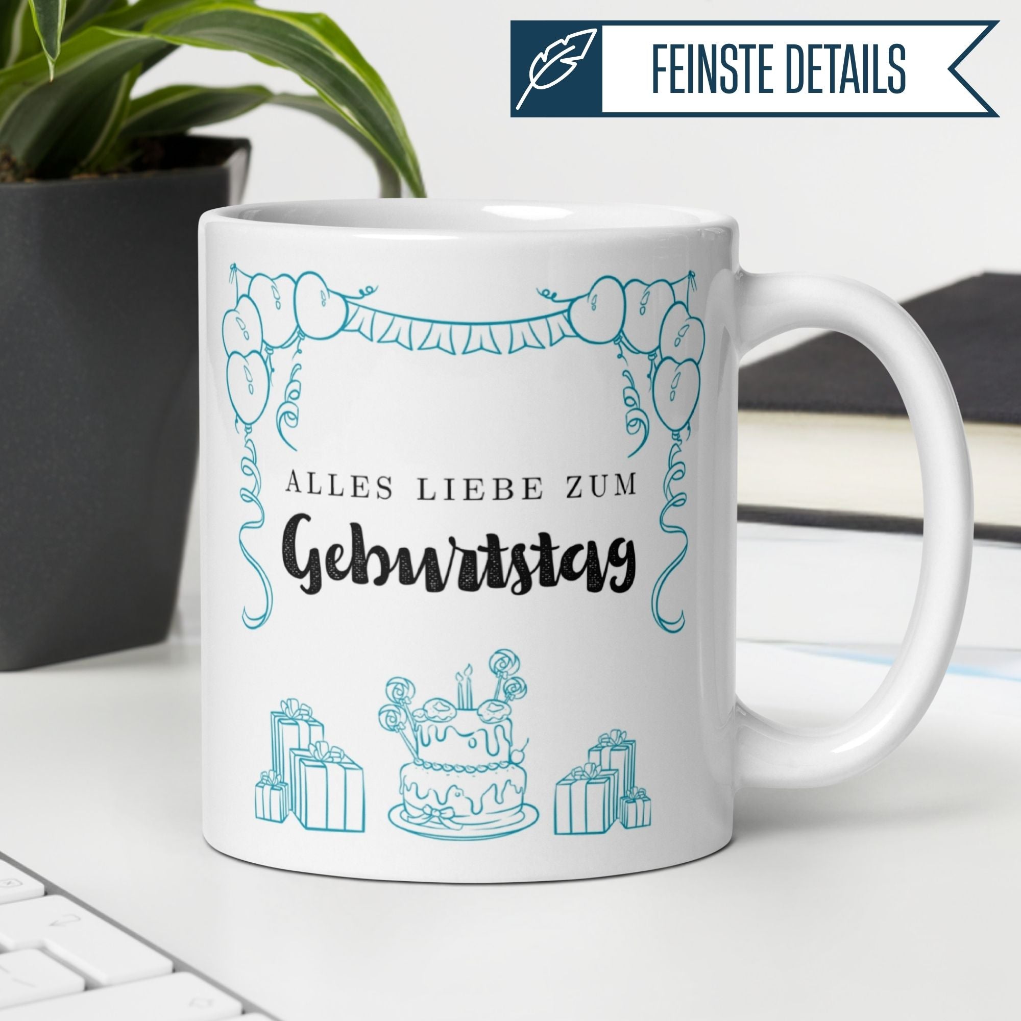 Birthday mug with cake, gifts, and balloons, perfect for celebrating special moments and spreading joy.