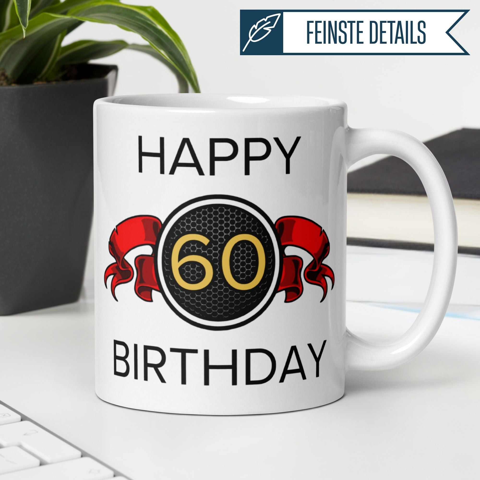 Momentals® Tasse 60. Geburtstag | Wappen & Spruch | Happy Birthday mit roter Schleife • Momentals