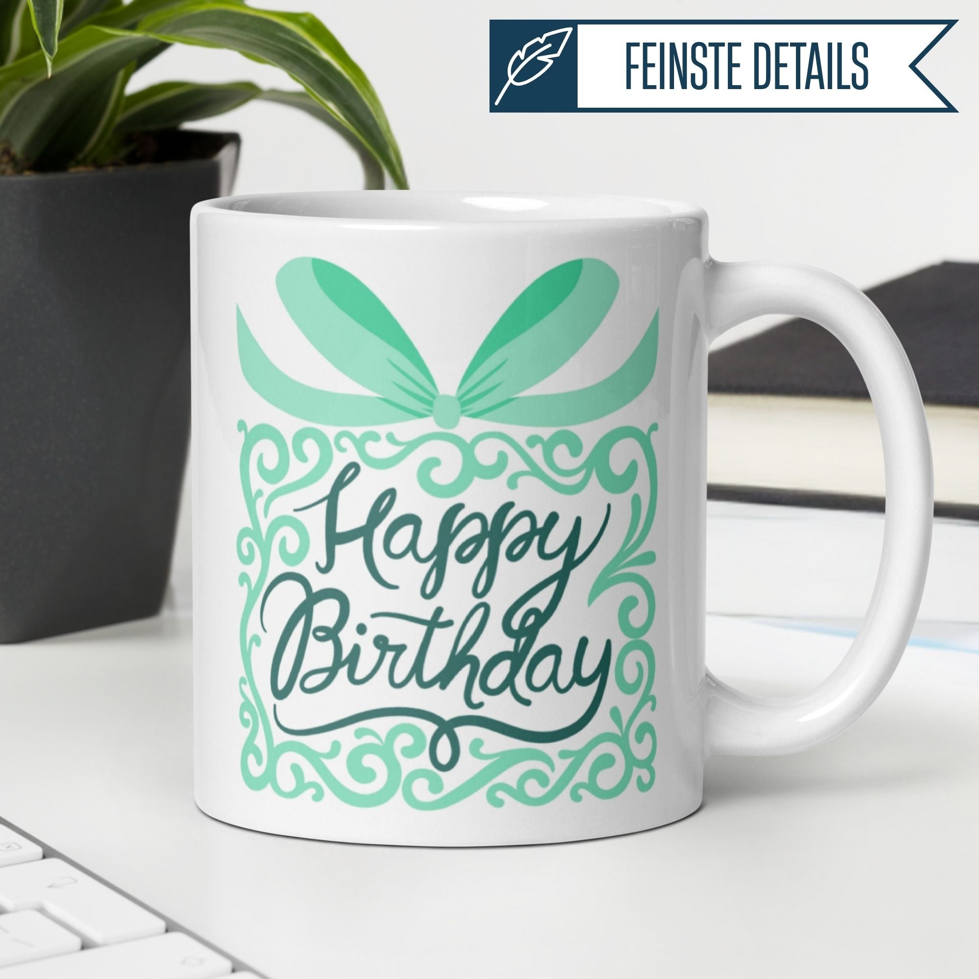 Stylish birthday mug with elegant 'Happy Birthday' design and green ribbon, perfect gift in a chic setting.