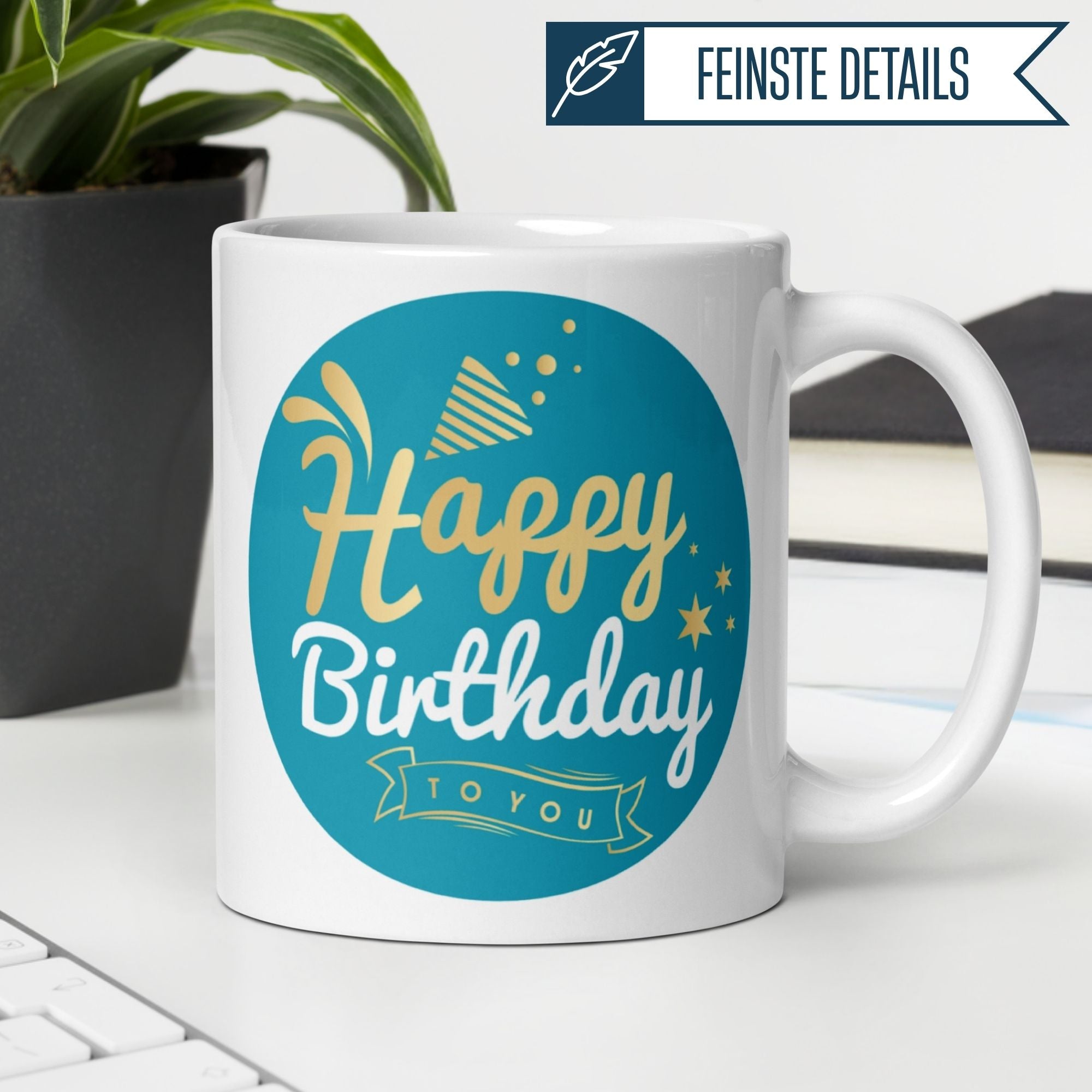Stylish birthday mug in turquoise and gold with 'Happy Birthday to You' design, perfect for celebrations.