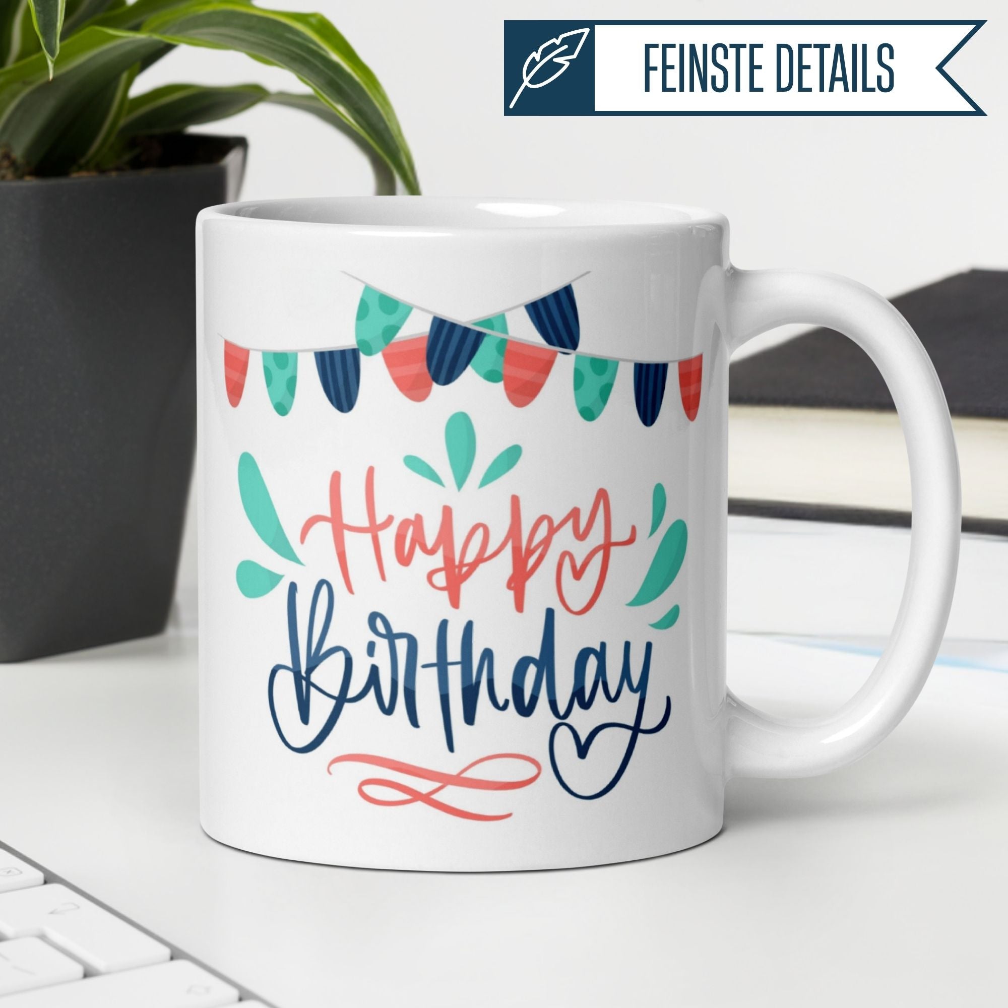 Momentals® Birthday mug with colorful garland and "Happy Birthday" design for festive celebrations.