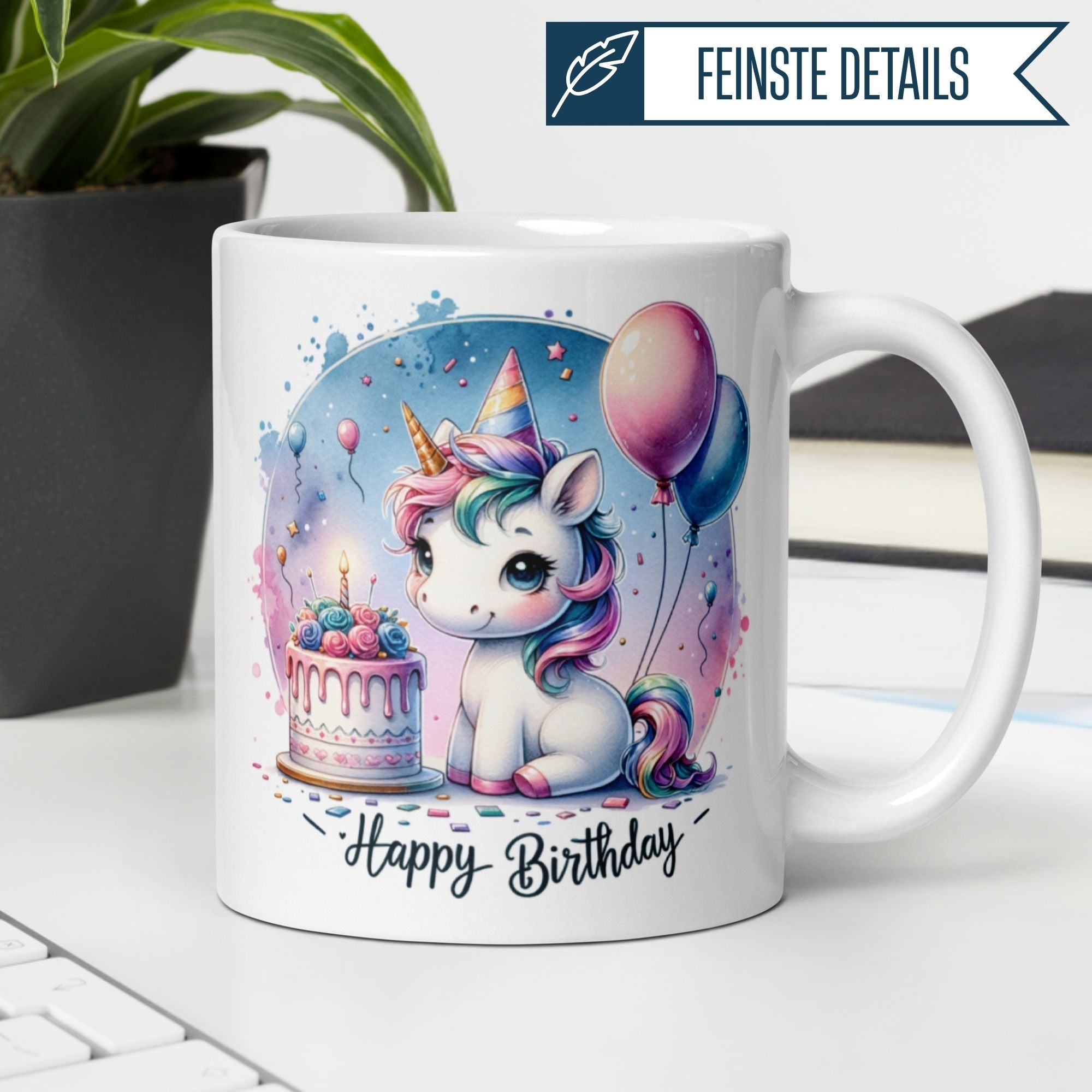 Momentals® Tasse mit Einhorn, Geburtstagstorte und bunten Luftballons für magische Geburtstagsfeiern.