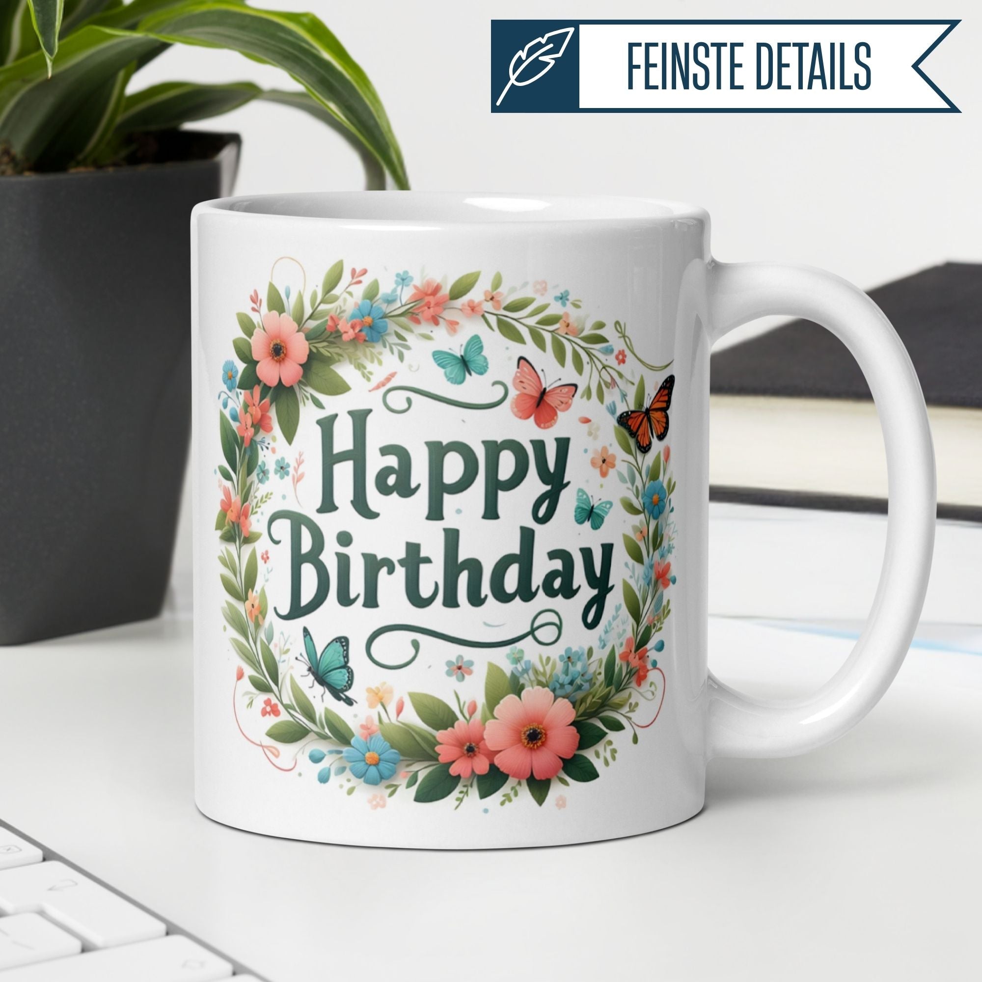 Momentals® Birthday mug with floral design and butterflies, perfect for celebrating special moments.