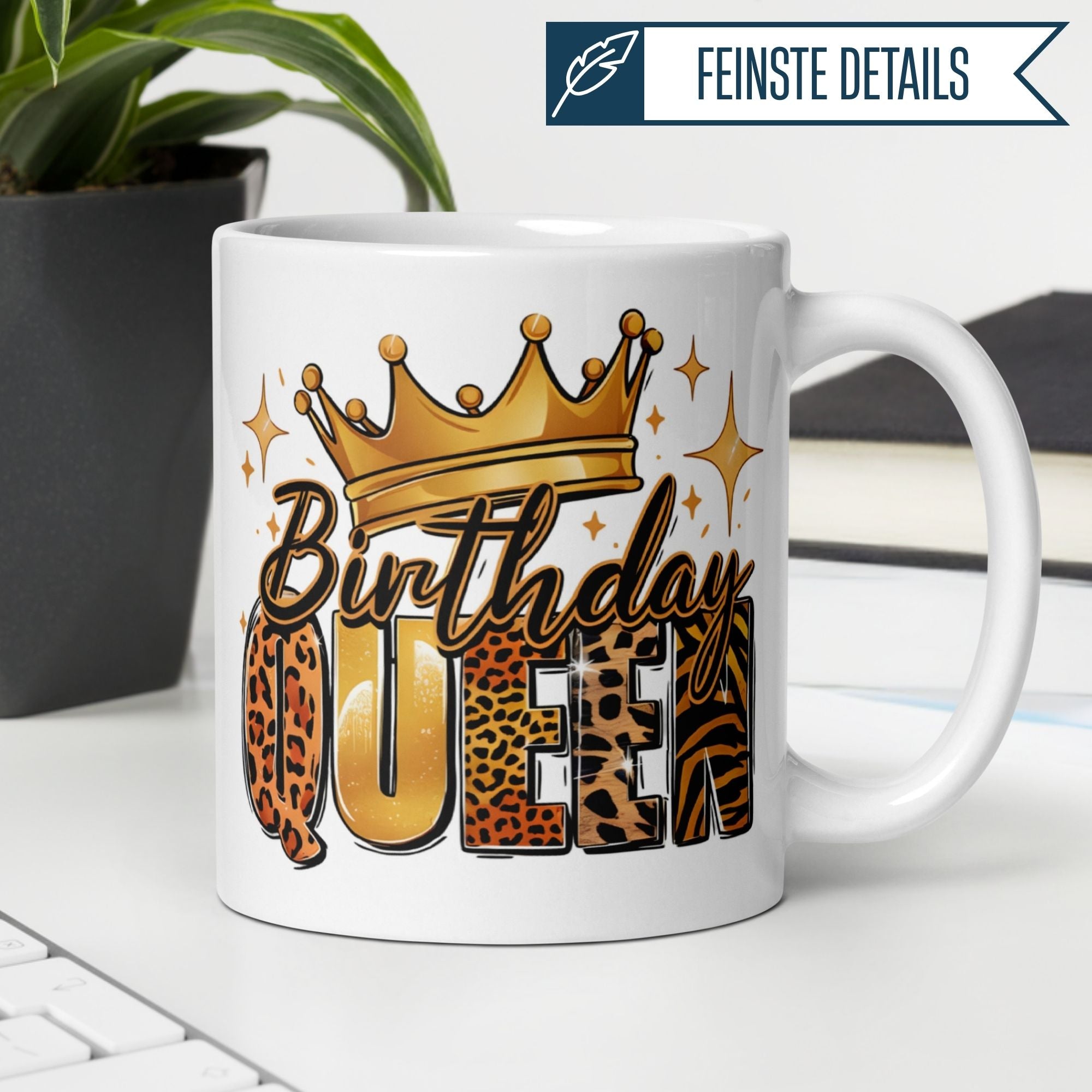 Momentals Birthday Queen mug with crown and animal print design, perfect for celebrating special birthdays.