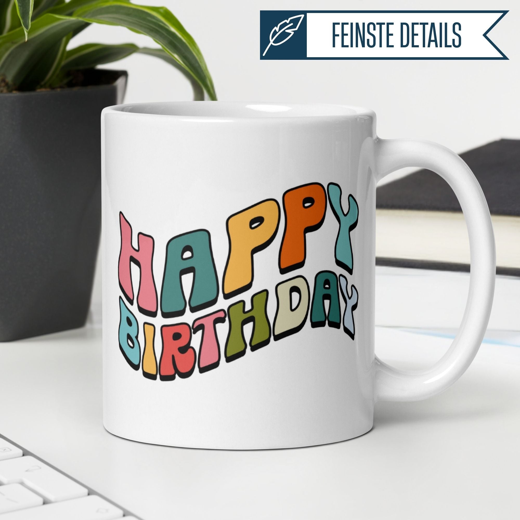 Vintage-style mug with colorful 'Happy Birthday' text in retro design, perfect for birthday celebrations.