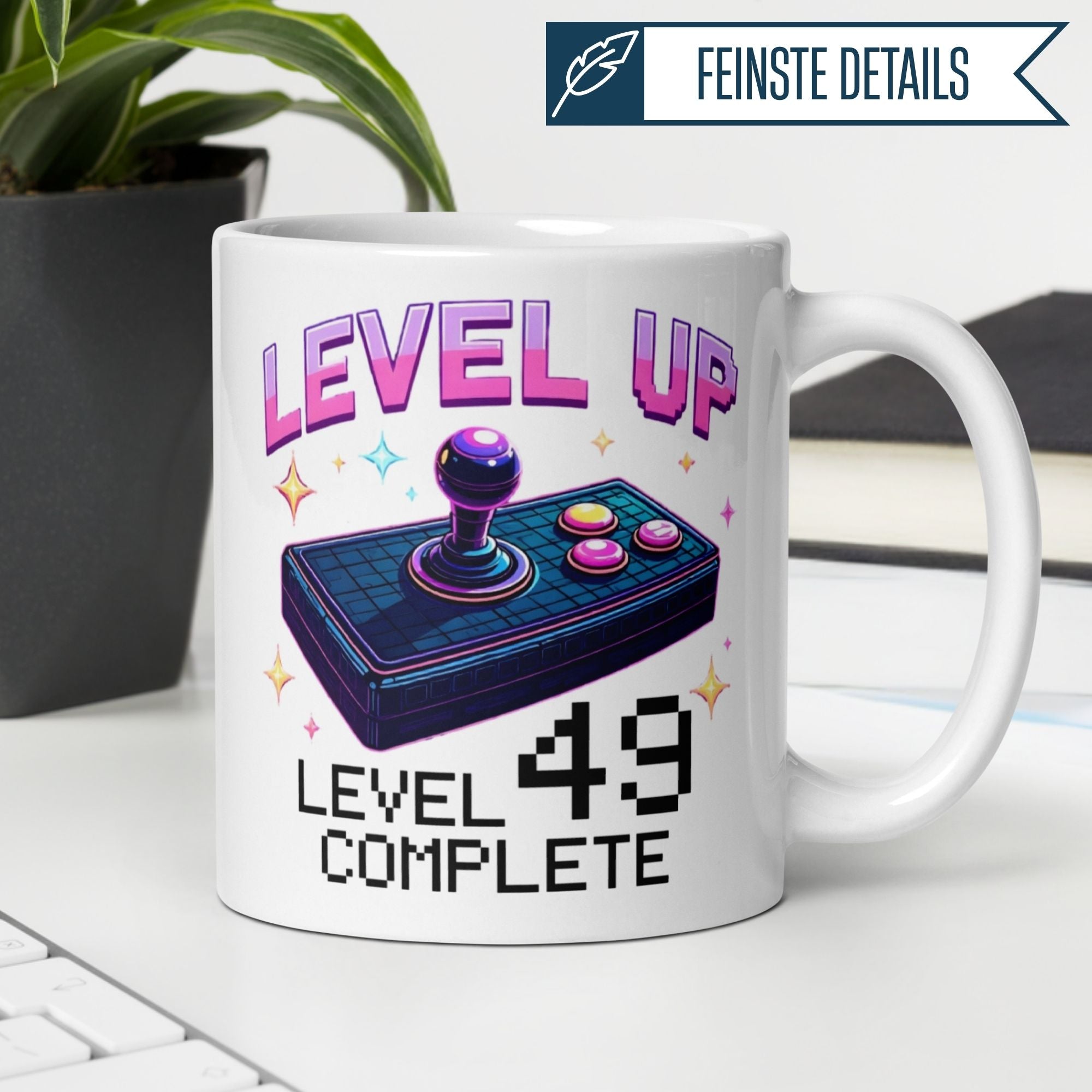 Colorful gamer mug featuring retro joystick and 'Level 49 Complete' for a fun birthday celebration.