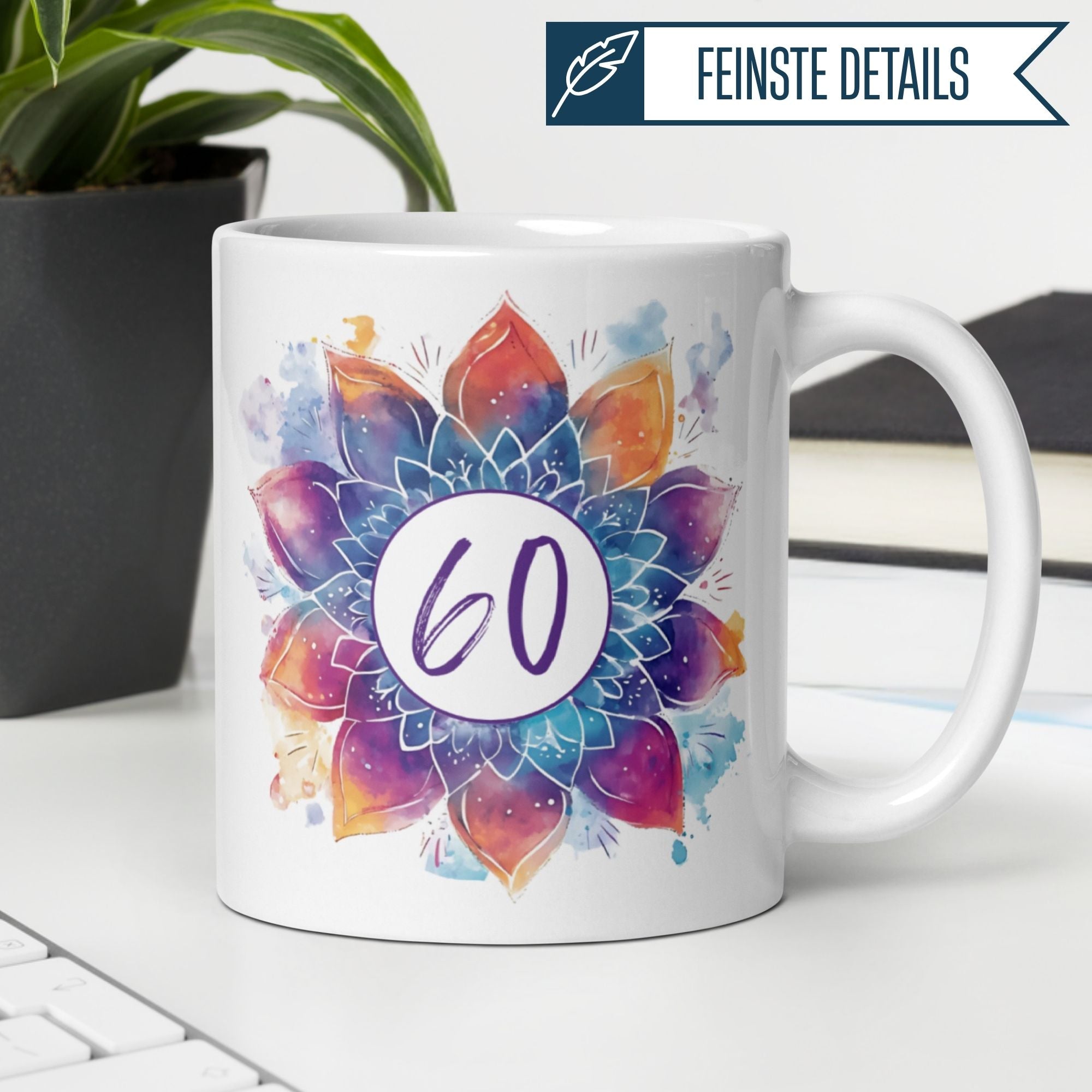 Momentals® Tasse 60. Geburtstag | Mandala Motiv | Farbenfrohes Muster mit Alterszahl • Momentals