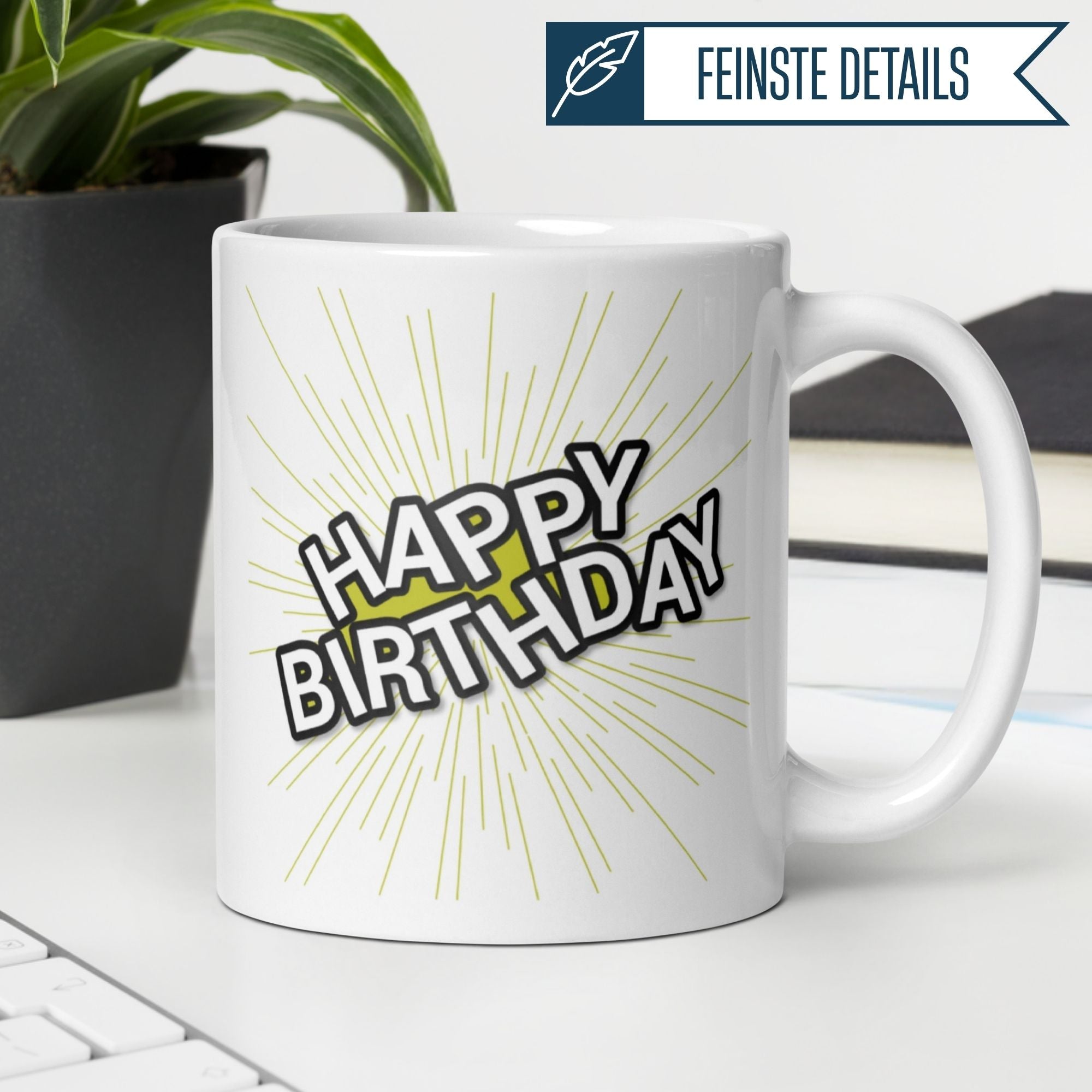 Momentals® Happy Birthday Mug with comic-style design and yellow burst effect, perfect for birthday celebrations.