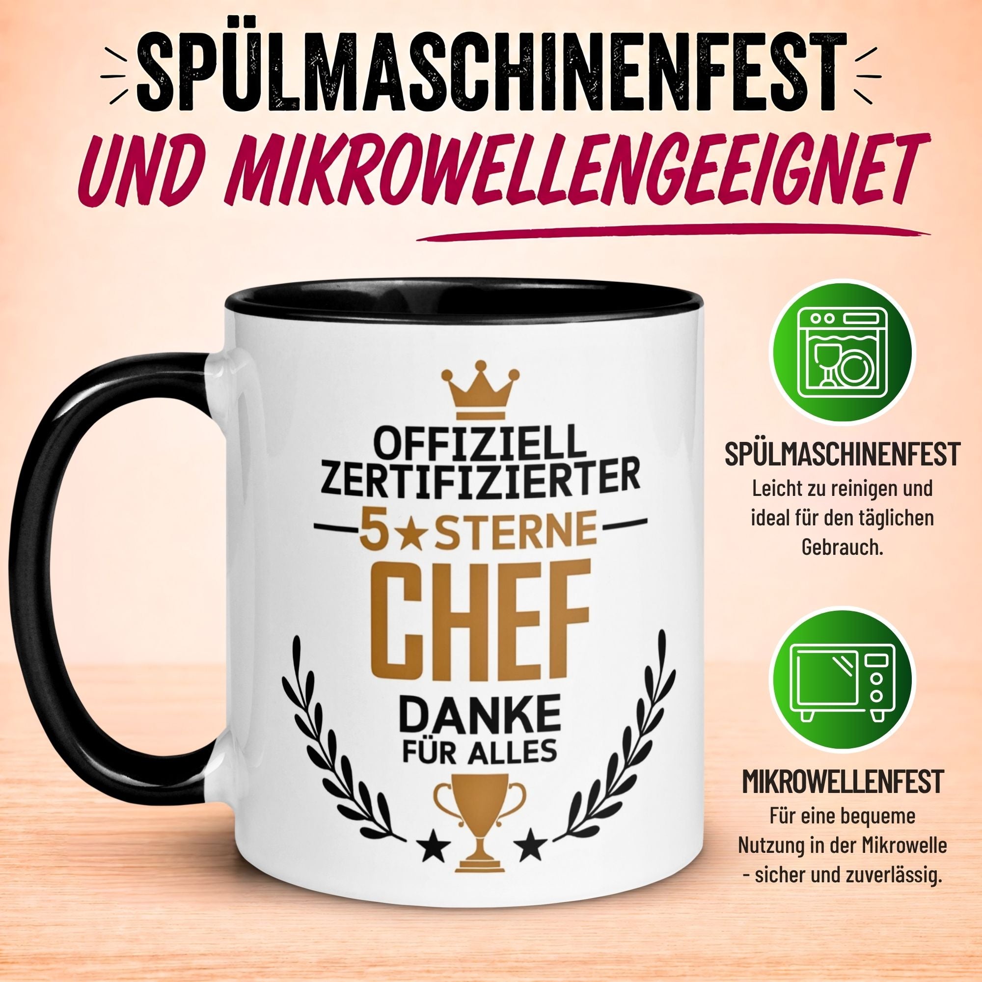 Tasse Chef – „Offiziell Zertifizierter 5 Sterne Chef - Danke für alles“ – Geschenk Becher