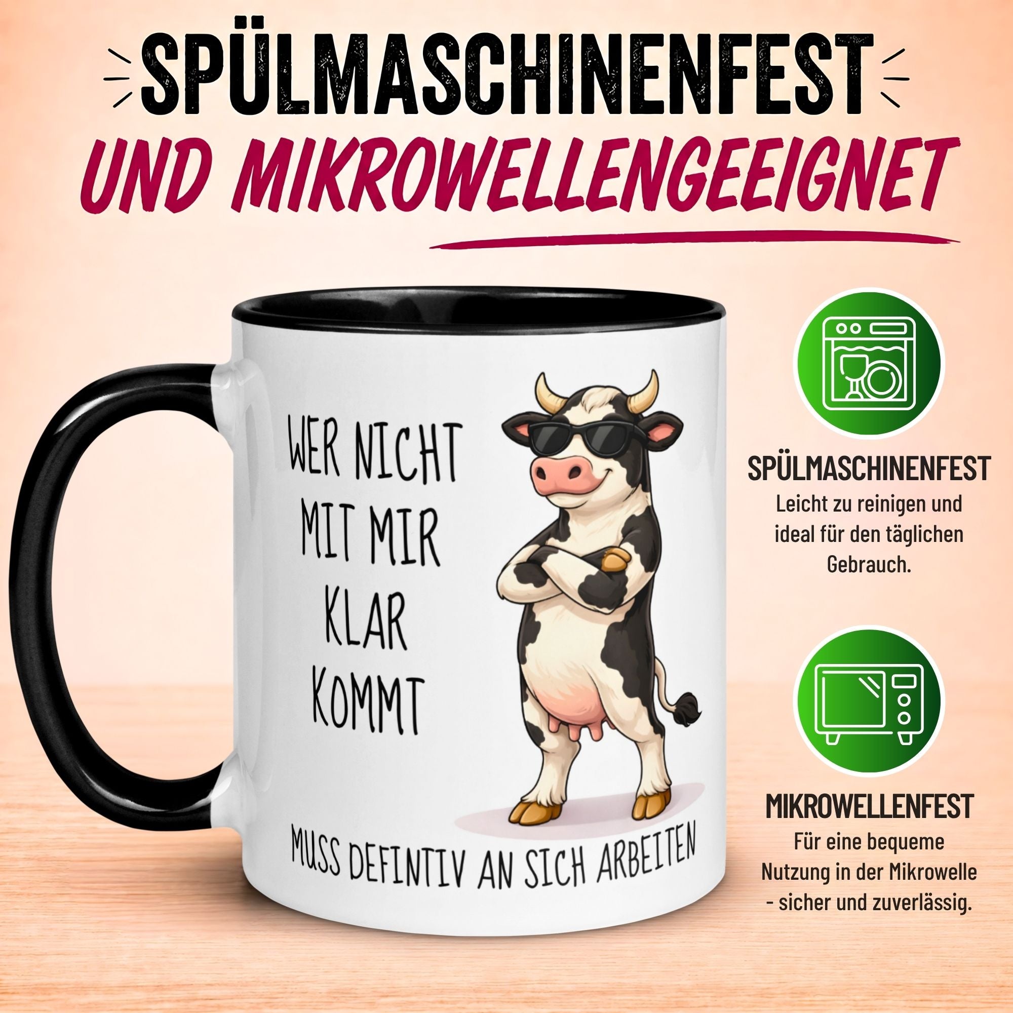 Tasse Kuh – „Wer nicht mit mir klar kommt“ – lustiger Kuh Geschenk Becher