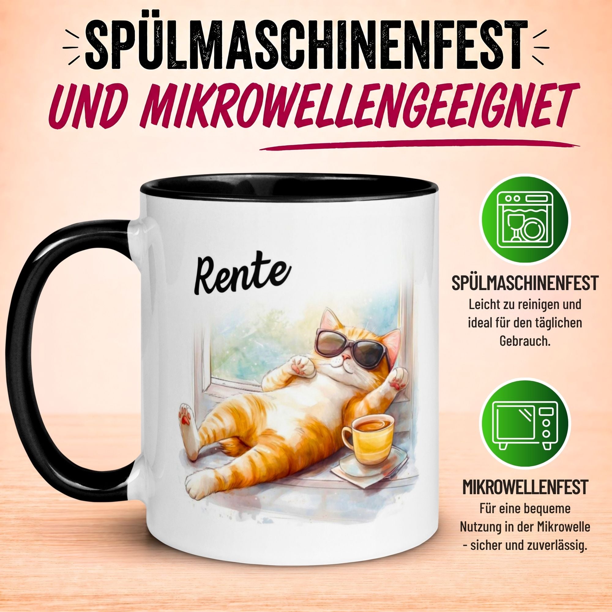 Tasse Rente – „Katze - Ab jetzt gibt’s nur noch Samstage“ – Becher zum Rentenbeginn