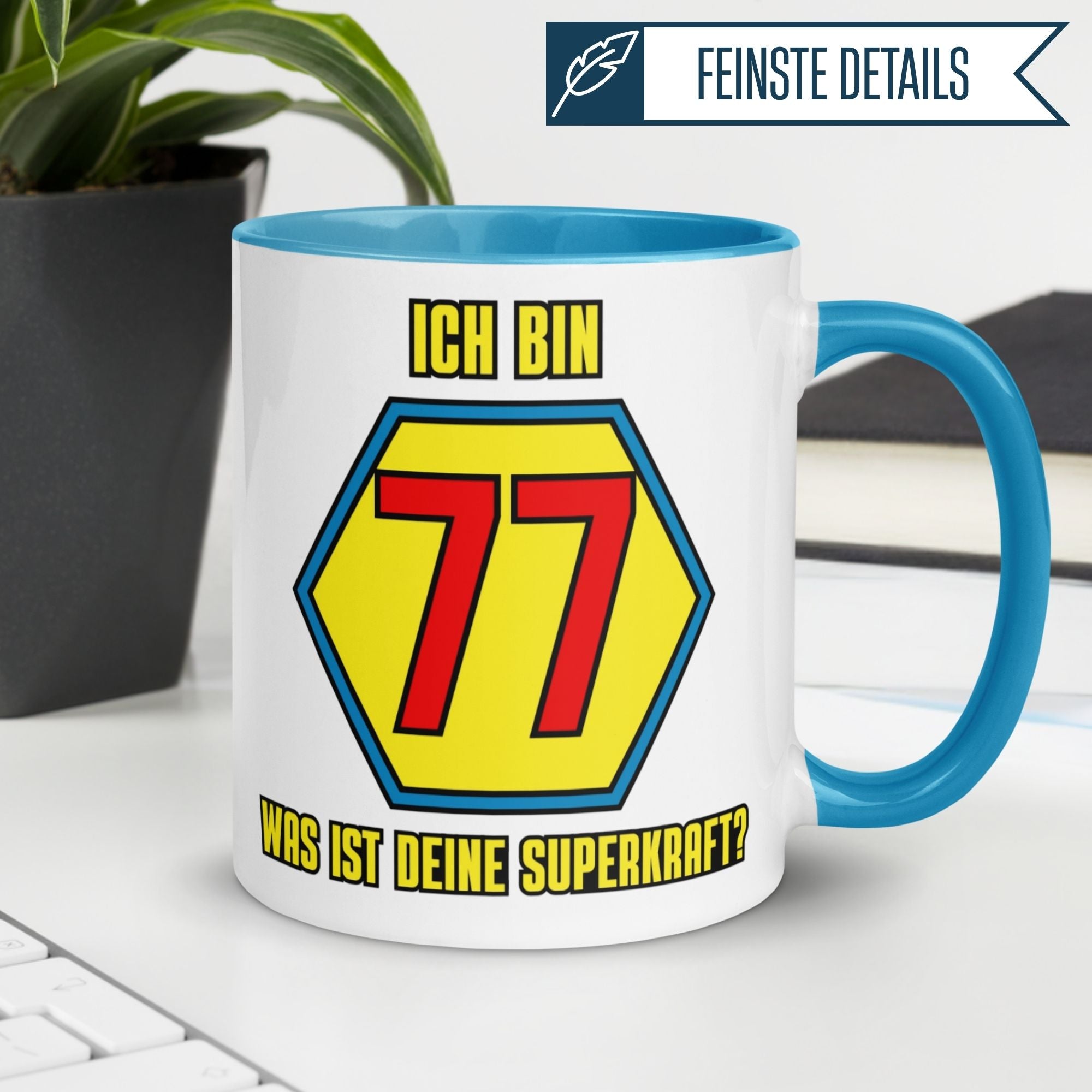 Momentals® Tasse 77. Geburtstag | Superheld & Spruch | Ich bin 77 und was ist deine Superkraft