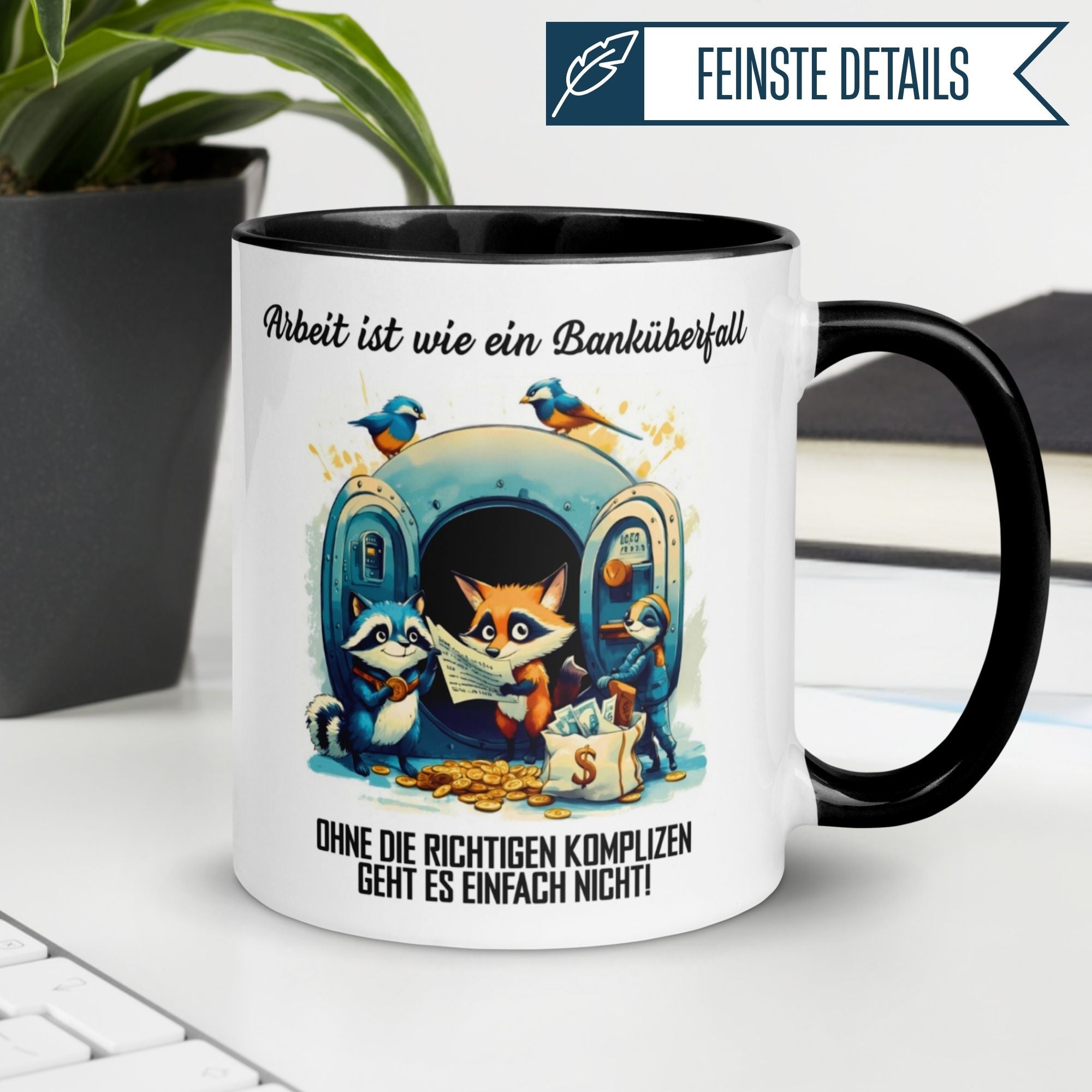 Momentals Tasse mit tierischen Charakteren und Spruch über Teamarbeit und Freundschaft.