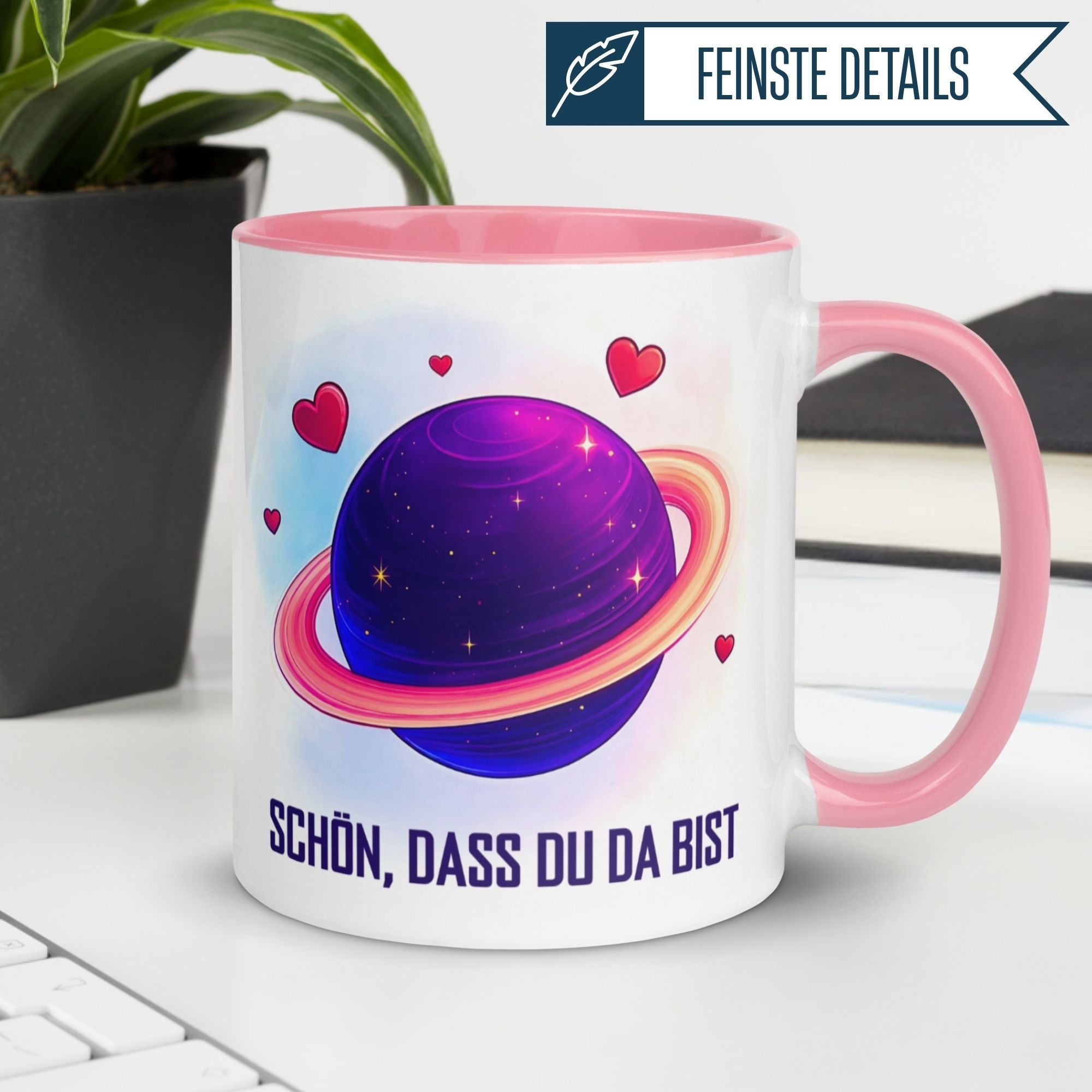 Momentals Tasse mit Herzen und Planet, Wertschätzung "Schön, dass du da bist" in stilvollem Design.