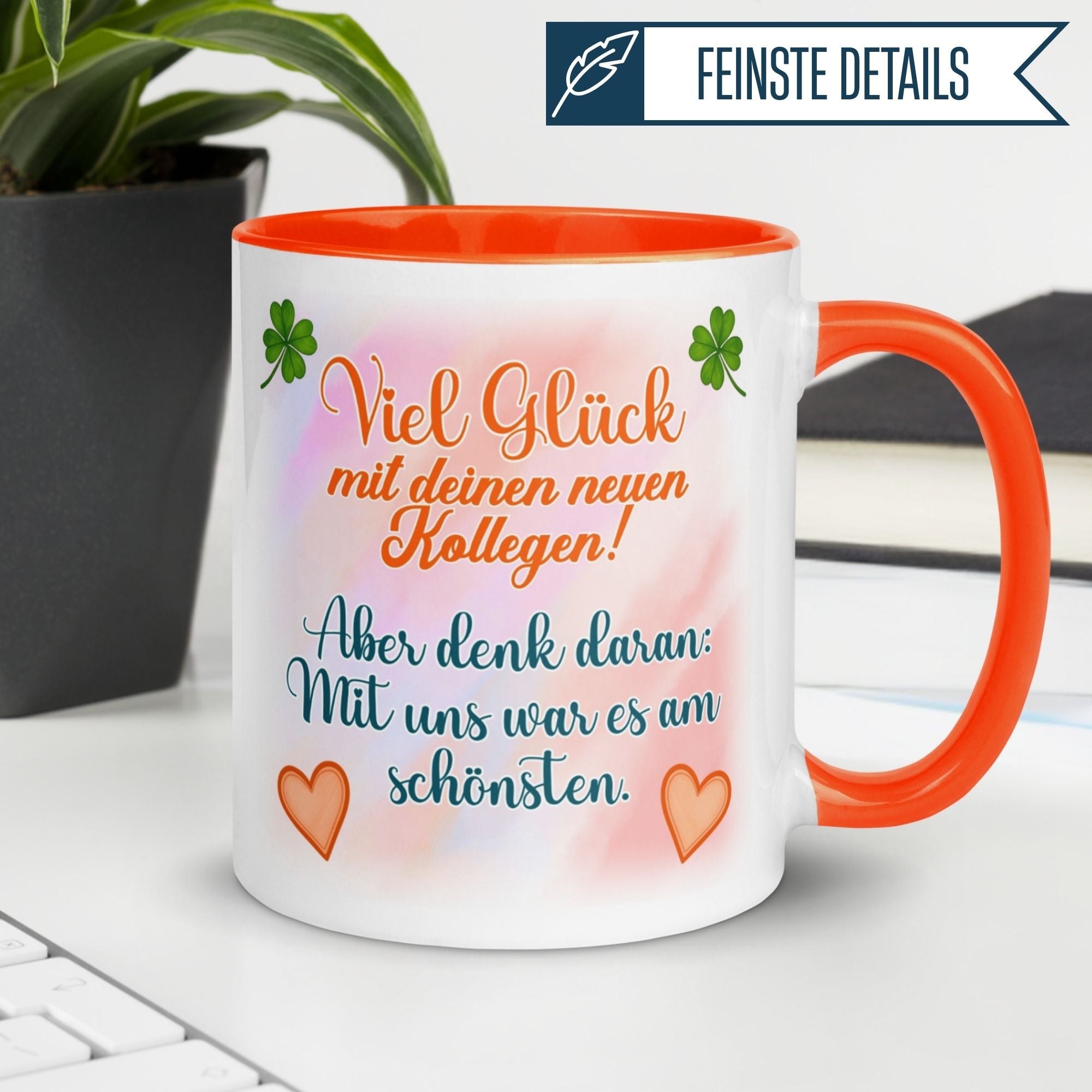Momentals® Tasse Abschied | Kleeblatt & Herzen | Viel Glück mit deinen neuen Kollegen