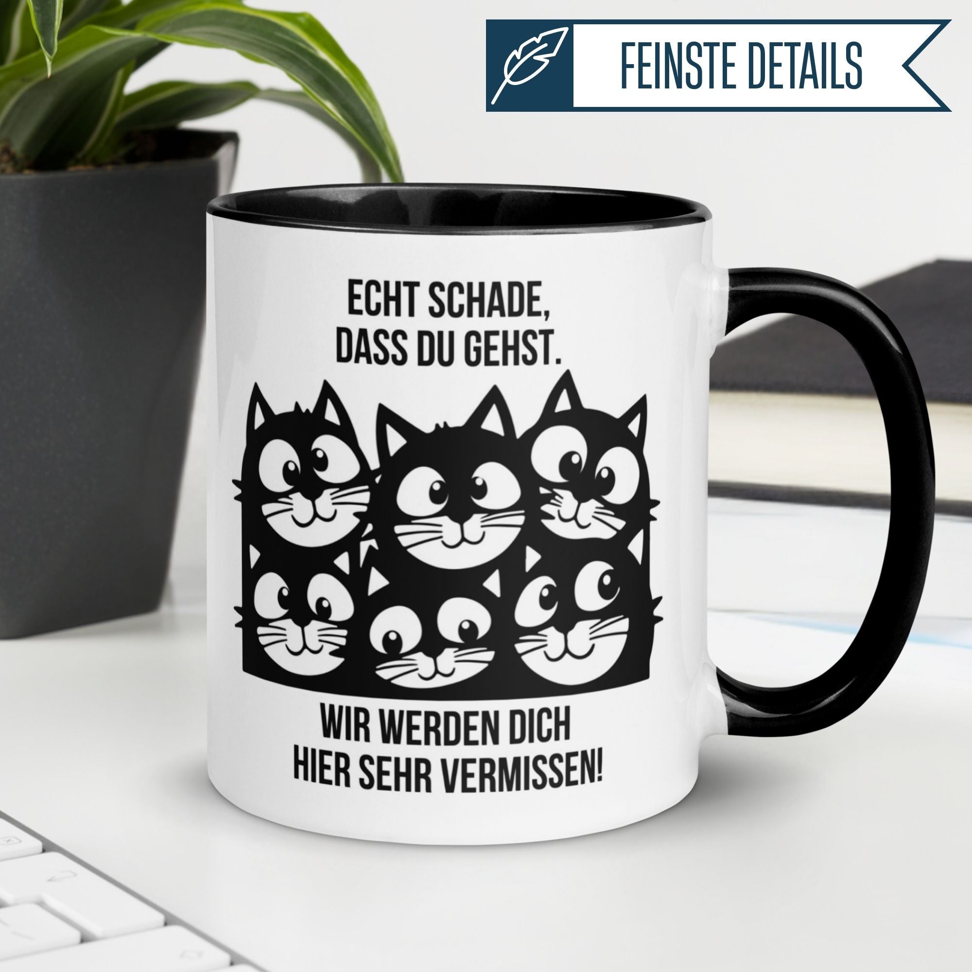 Momentals Tasse mit sechs lachenden Katzen und Spruch: "Echt schade, dass du gehst!" Abschiedsgeschenk für Kollegen.