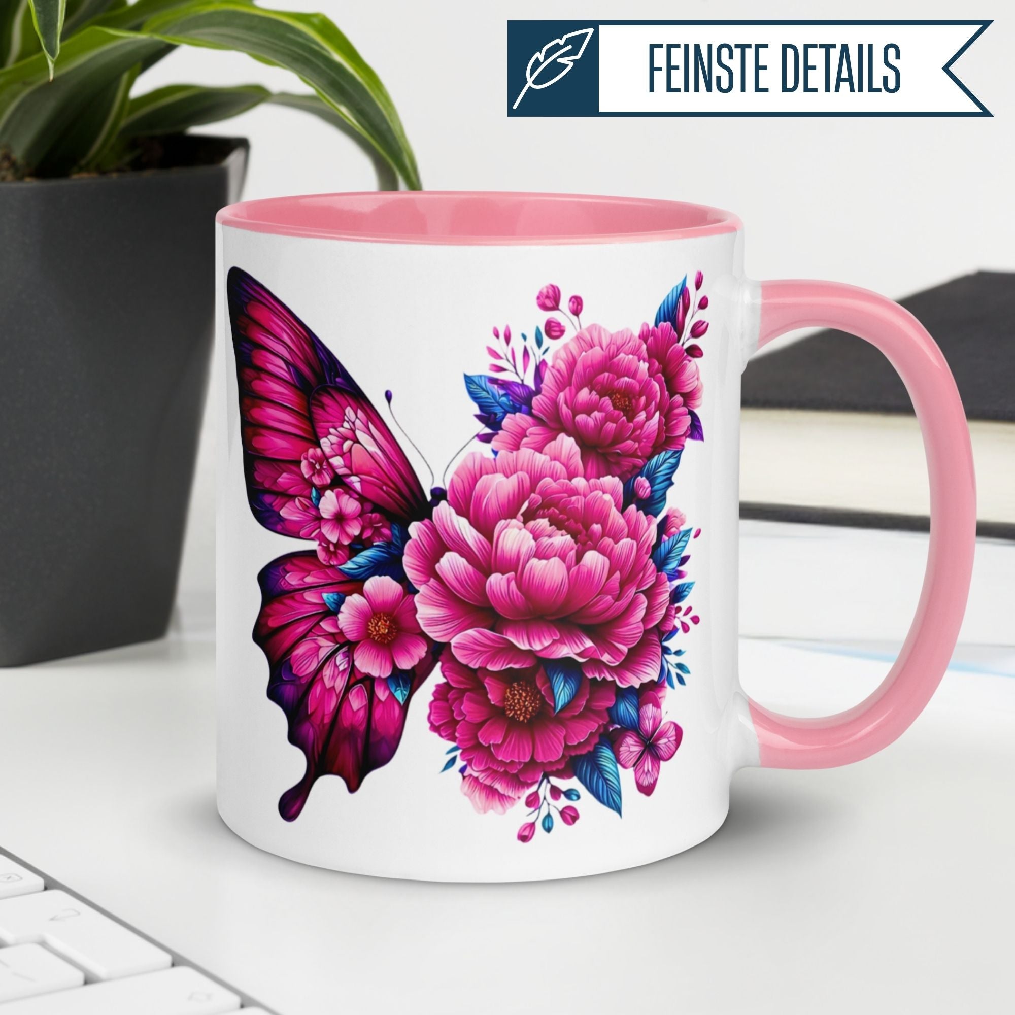 Momentals® Tasse | Schmetterling & Blumenillustration | Farbenspiel in Pink & Blau