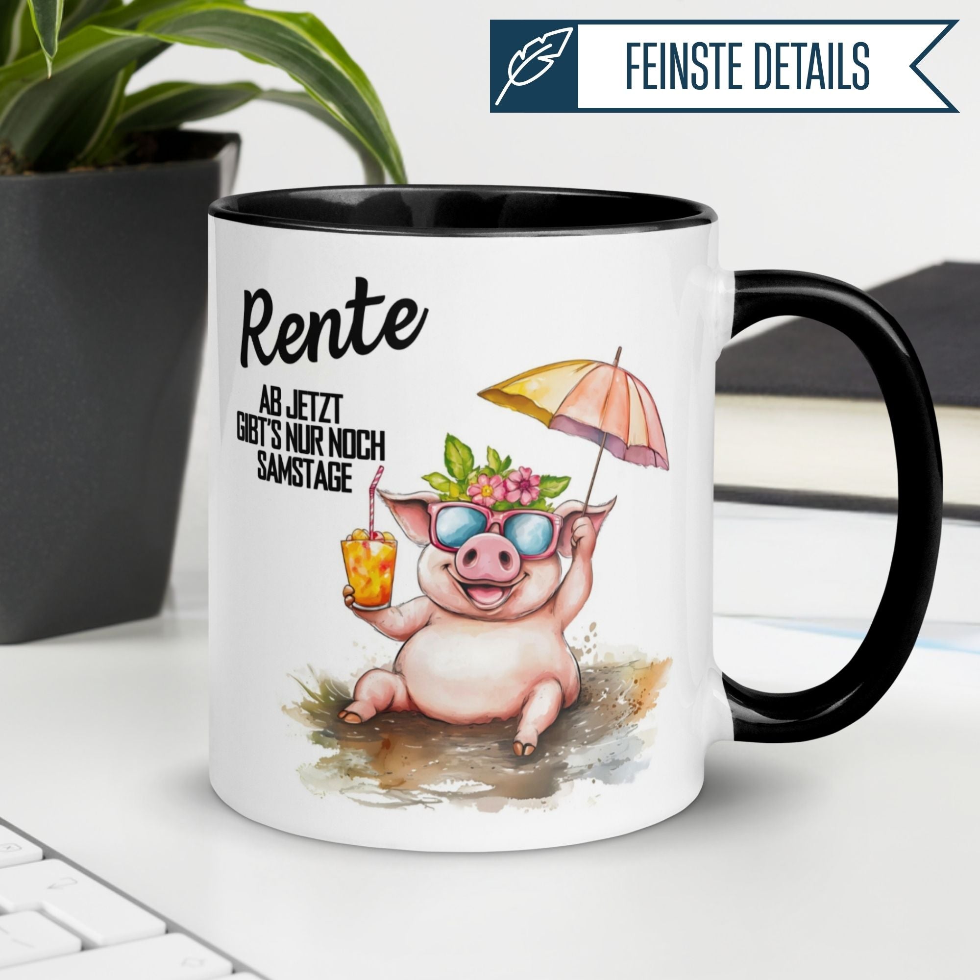 Momentals® Tasse mit coolem Schwein, Sonnenbrille und Spruch zur Rente für entspannte Samstage.