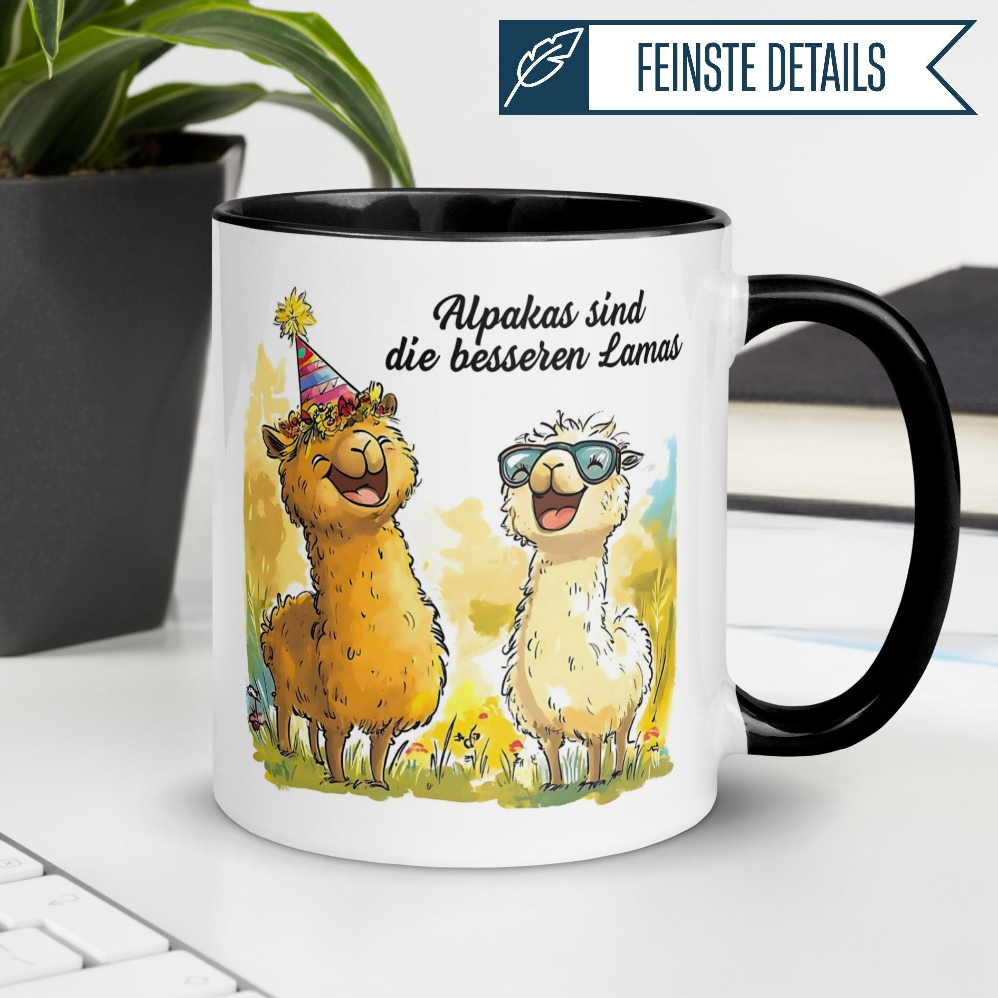 Humorous Momentals mug featuring two cheerful alpakas with party hat and glasses, captioned 'Alpakas sind die besseren Lamas'.