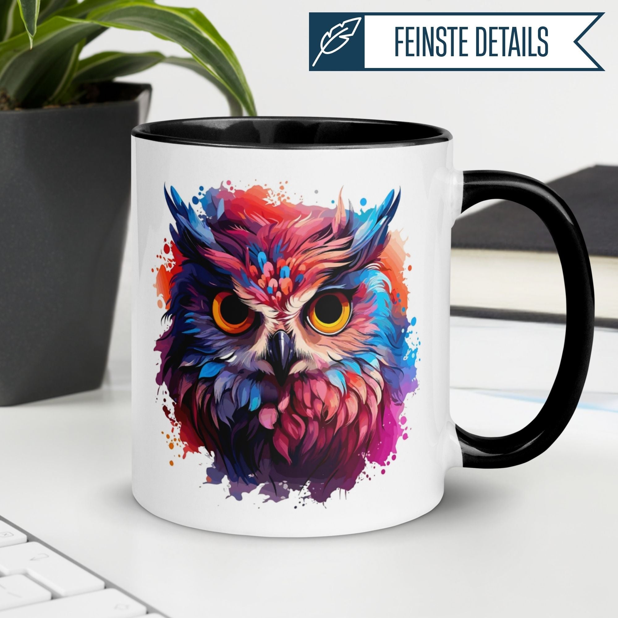 Bunte Eule in Aquarell-Stil auf Momentals Tasse, ideal für Tierliebhaber.