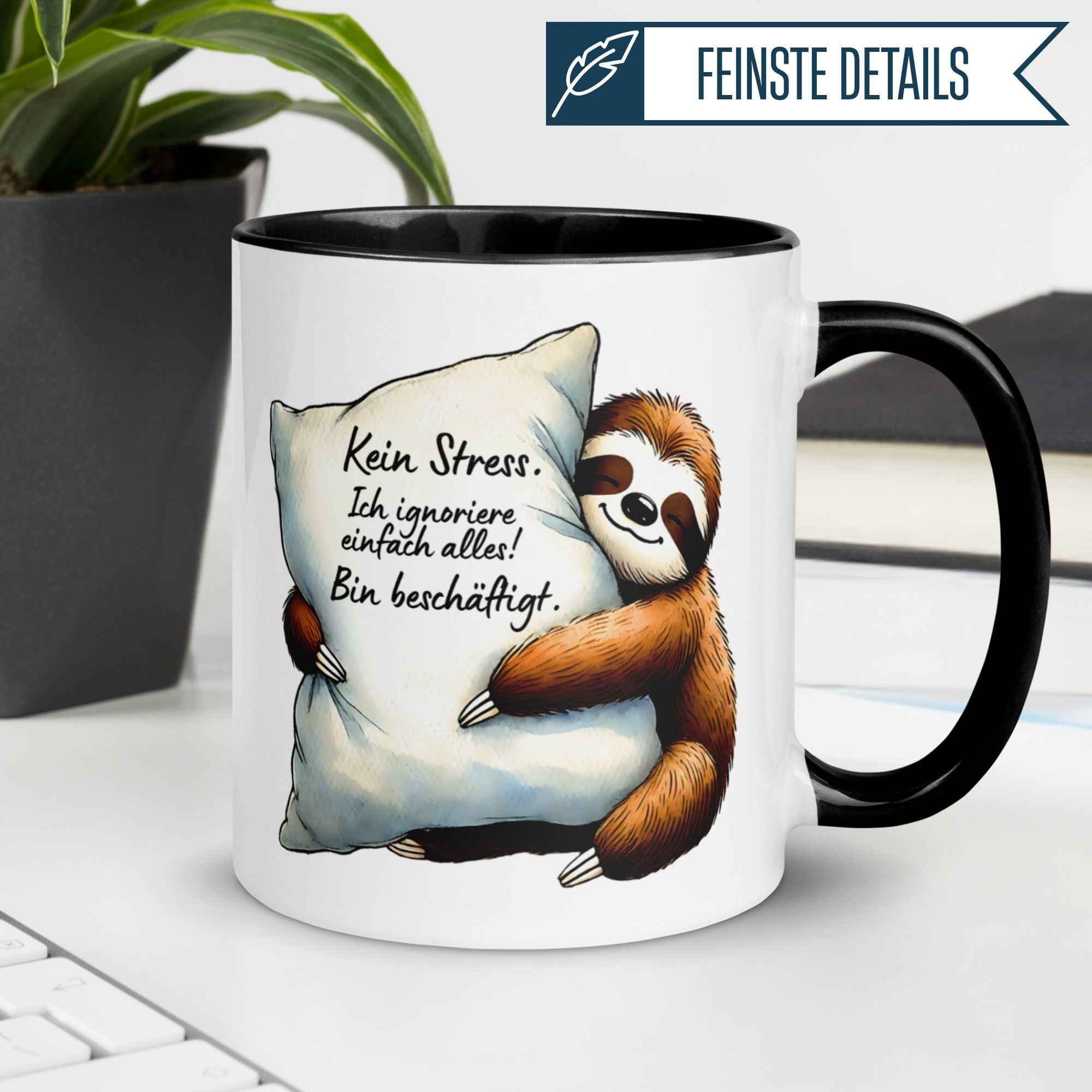 Momentals® mug featuring a relaxed sloth with a pillow and humorous quote about stress.