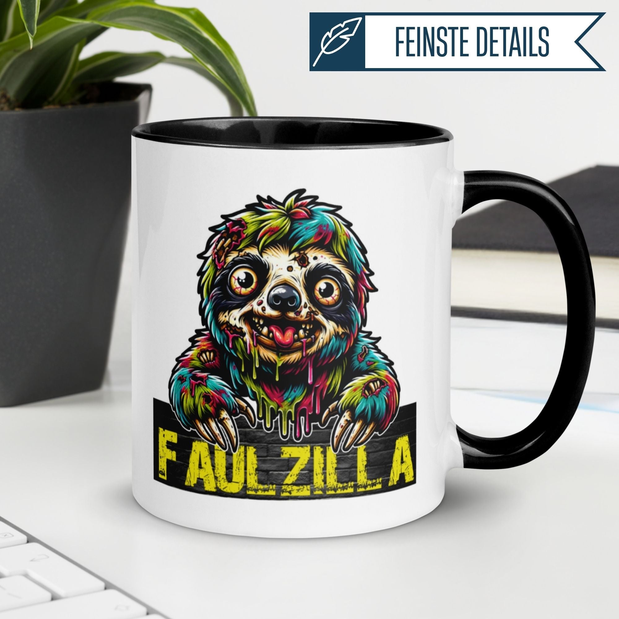 Bunte Momentals Tasse mit Faultier-Motiv "FAULZILLA" für entspannte Tierfreunde.