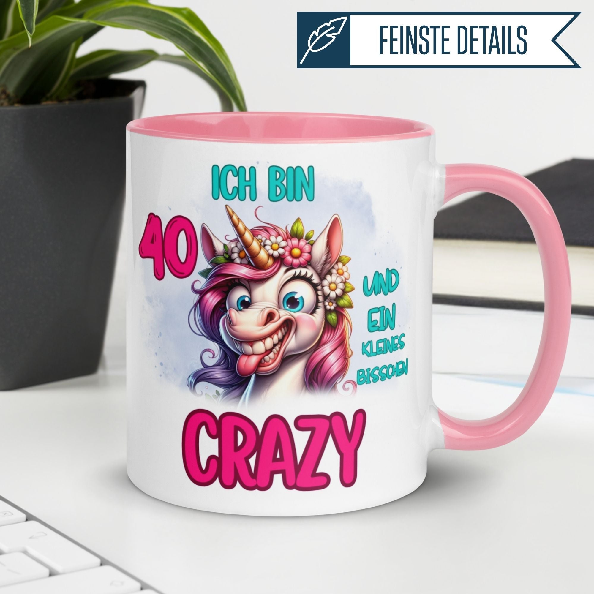 Momentals® Tasse für den 40. Geburtstag mit witzigem Einhorn und Spruch "Ich bin 40 und ein bisschen crazy"