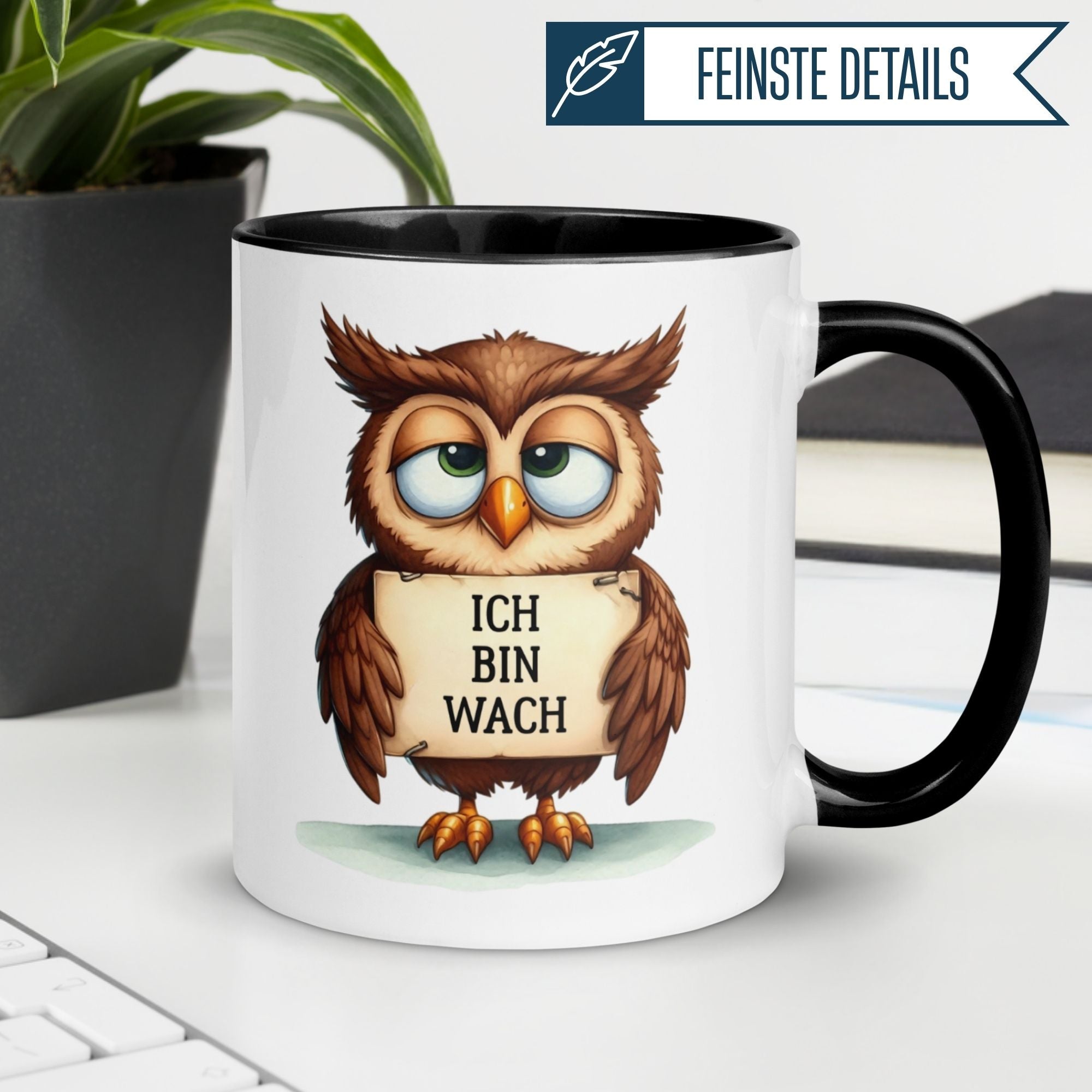 Momentals Tasse mit Eule und Spruch 'Ich bin wach' für Morgenmuffel und Kaffeeliebhaber.