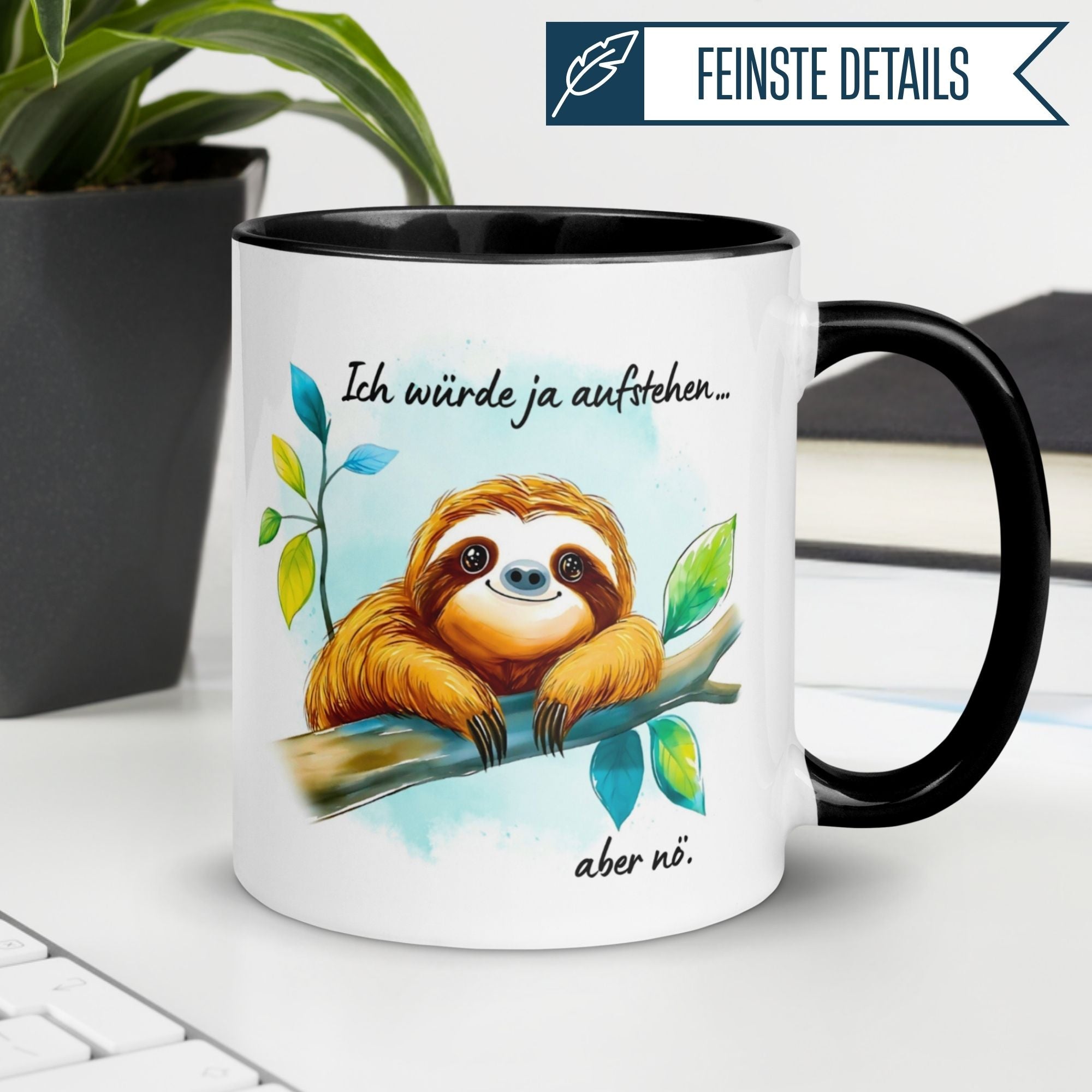 Momentals® Tasse mit Faultier-Motiv: humorvolle Botschaft für Morgenmuffel.