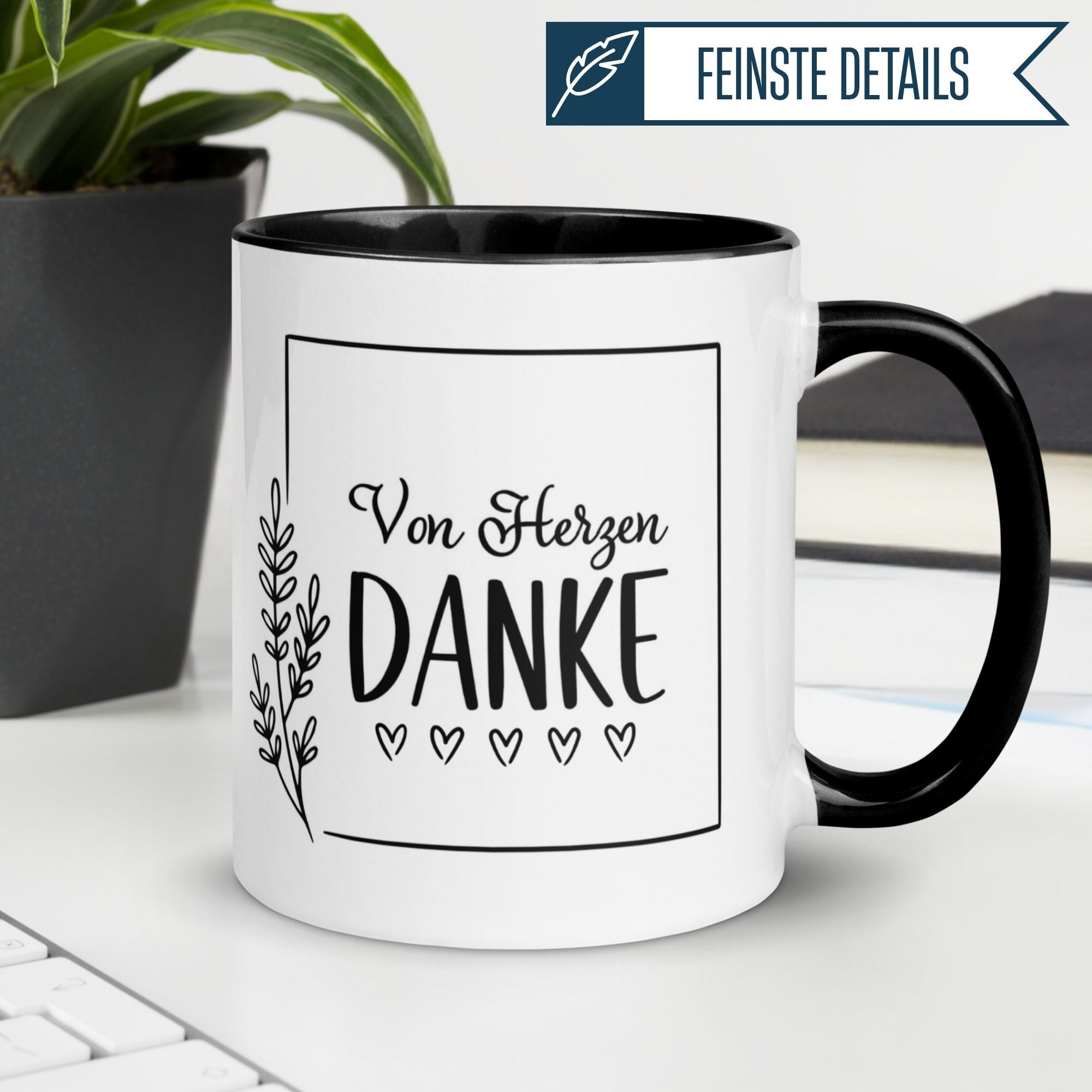 Momentals® Tasse mit „Von Herzen DANKE“ Schriftzug und Zweigmuster, ideale Wertschätzung für jeden Anlass.