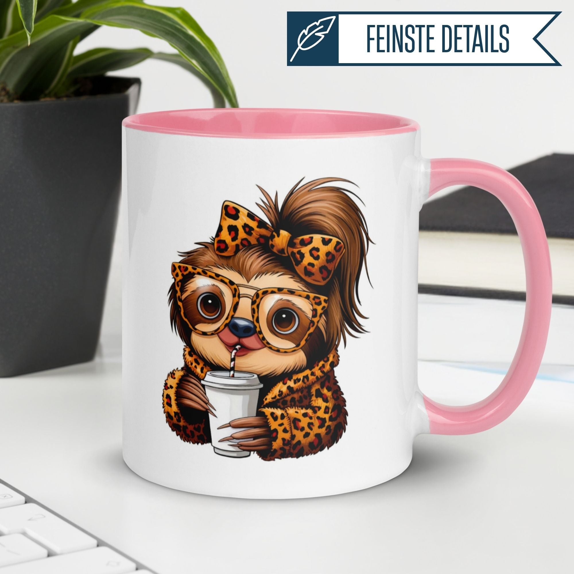 Stylish sloth mug featuring leopard print and large glasses, perfect for coffee lovers and trendy gifts.