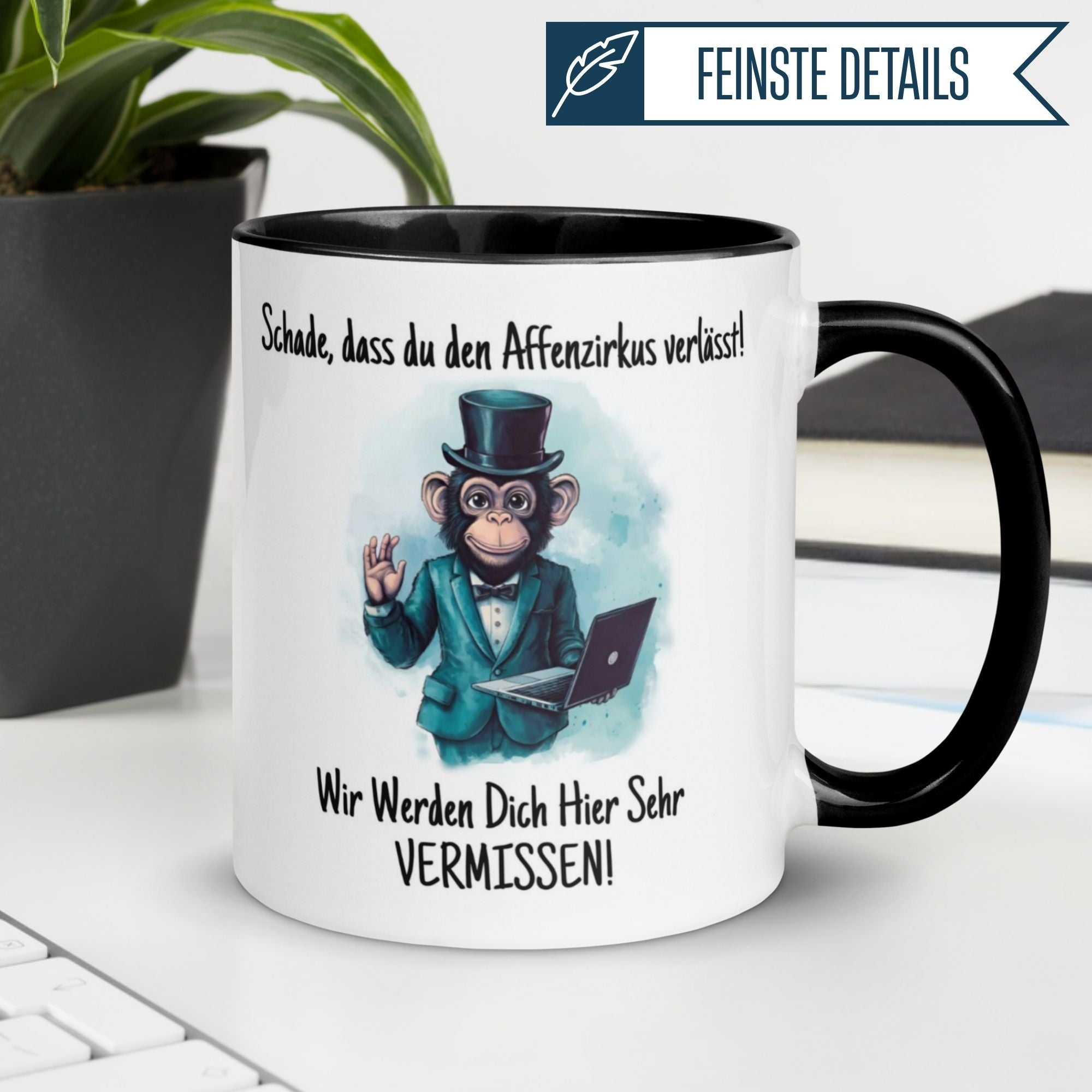 Momentals® Tasse mit Affen im Zylinder und Spruch zum Abschied, ideal für Kollegen.