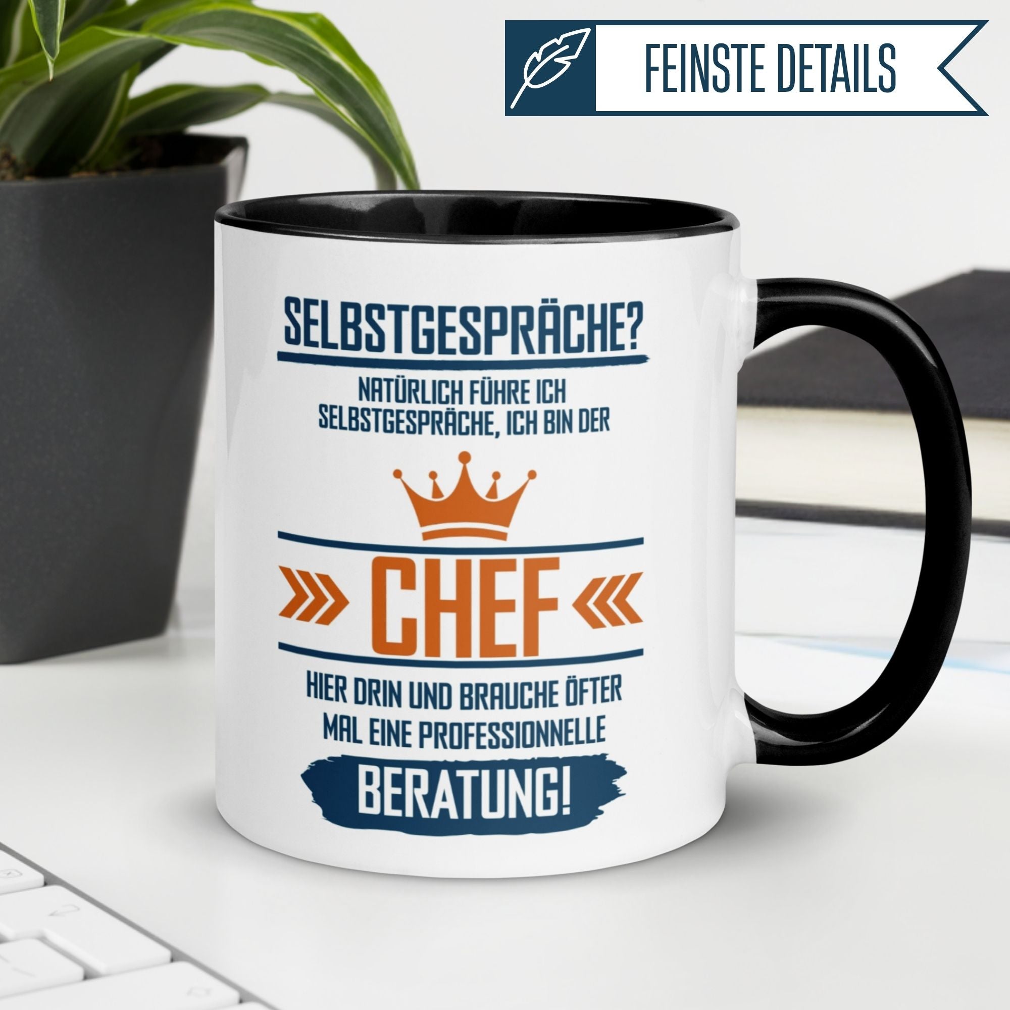 Momentals® Tasse mit humorvollem Spruch für Chefs: 'Selbstgespräche' und professionelle Beratung.