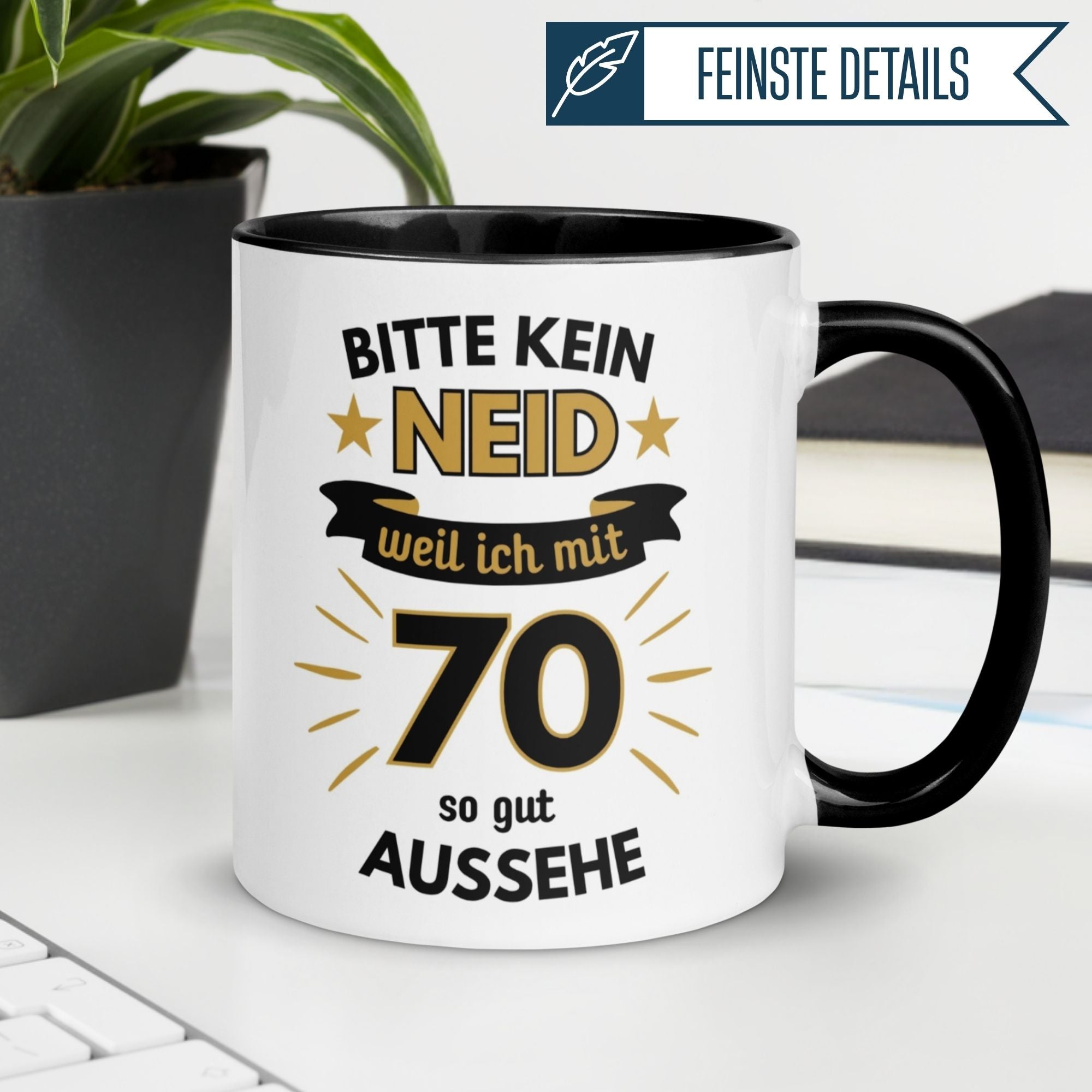 Momentals® Tasse für den 70. Geburtstag mit frechem Spruch "Bitte kein Neid - so gut aussehe"