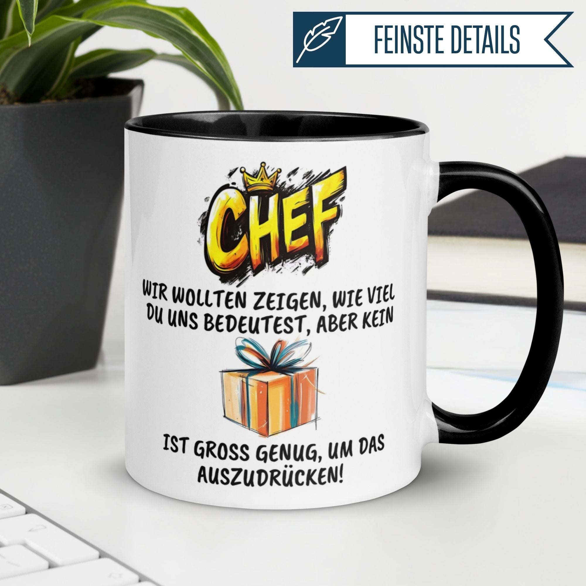 Momentals Tasse Chef mit Spruch: "Kein Geschenk ist groß genug" für Abschiedsgeschenke.