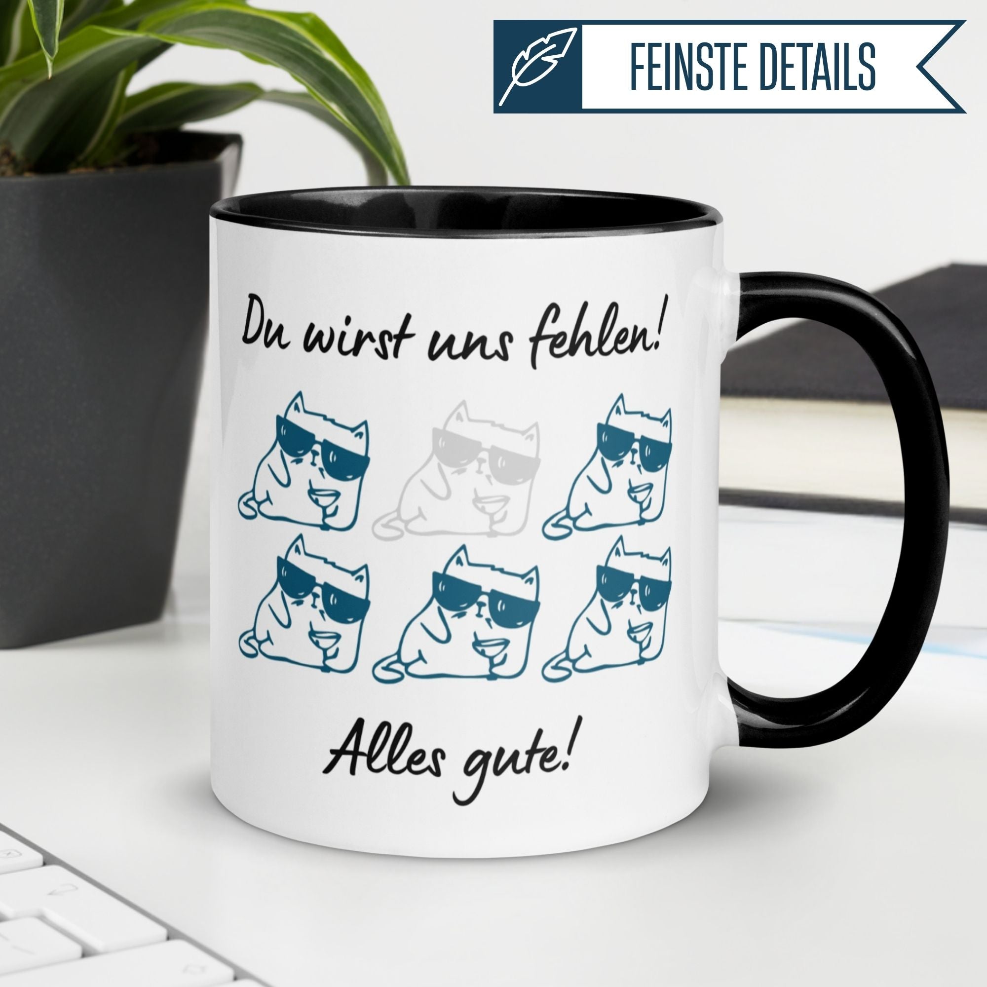 Momentals Tasse mit Katzenmotiv und Spruch "Du wirst uns fehlen! Alles Gute!" für Kollegen.