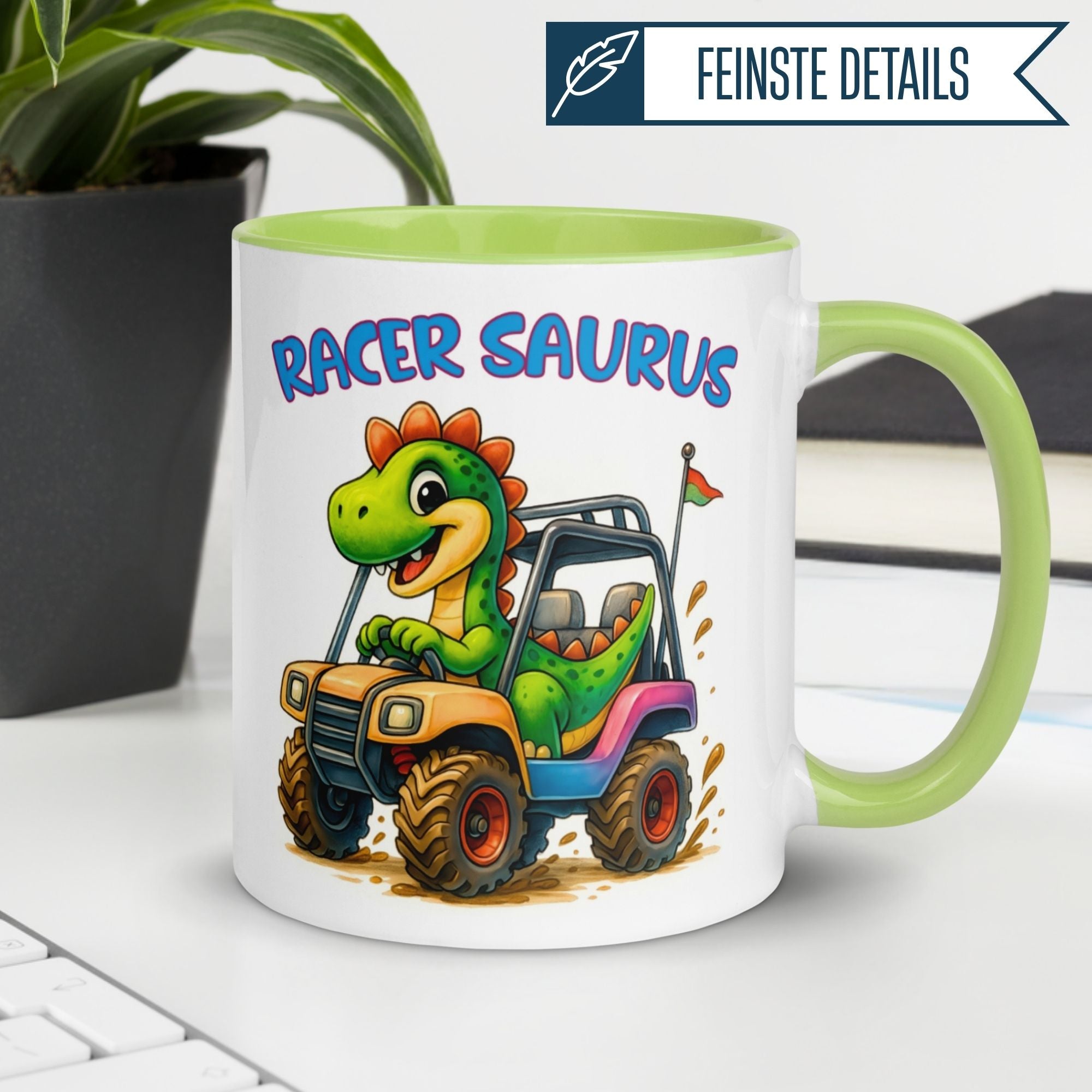 Tasse Dinosaurier – „Racer Saurus“ – Dino Geschenk Becher für Rennfahrer