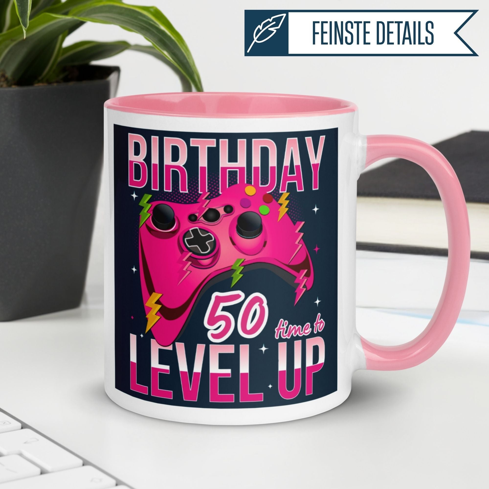 Colorful birthday mug for gamers featuring 'Level Up' design, perfect for 50th birthday celebration.