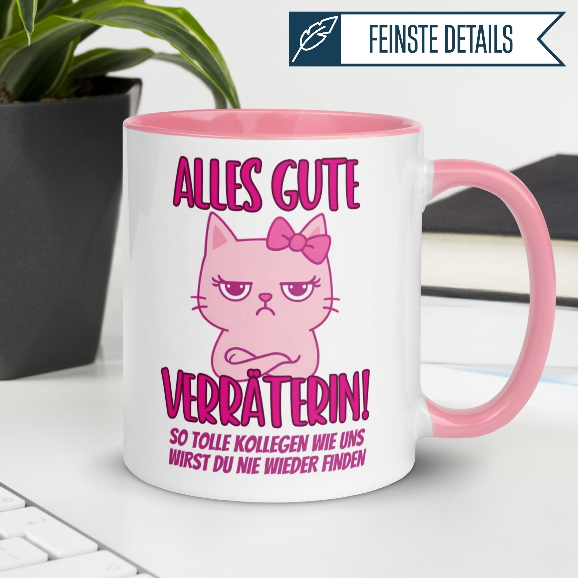 Momentals Tasse mit grimmiger rosa Katze und Spruch "ALLES GUTE VERRÄTERIN!" für Kollegen