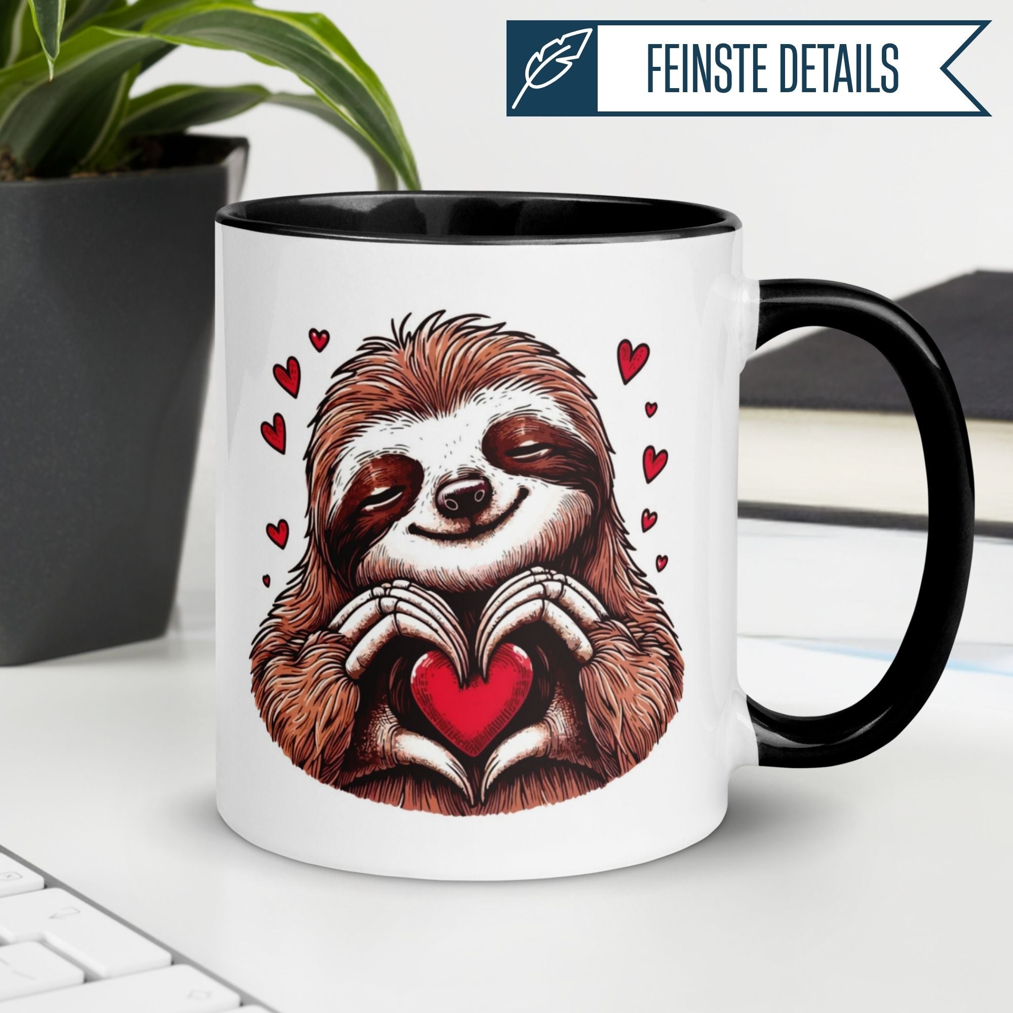 Momentals® Tasse mit Faultier und Herz, ideal für Tierfreunde voller Liebe und Entspannung.