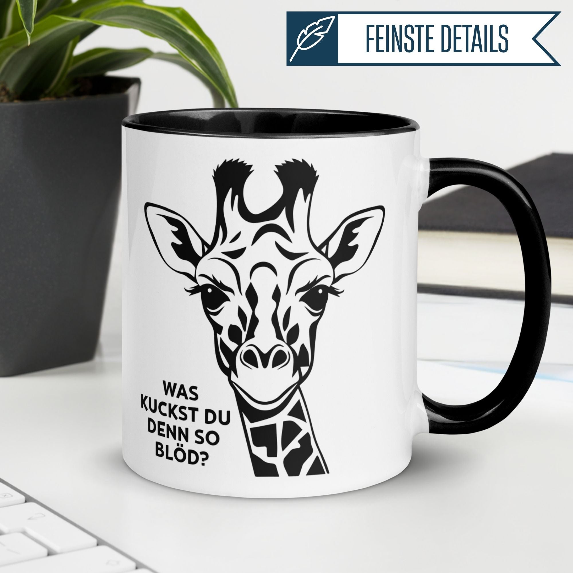 Tasse Giraffe – „Was kuckst du denn so blöd“ – lustiger Giraffen Geschenk Becher