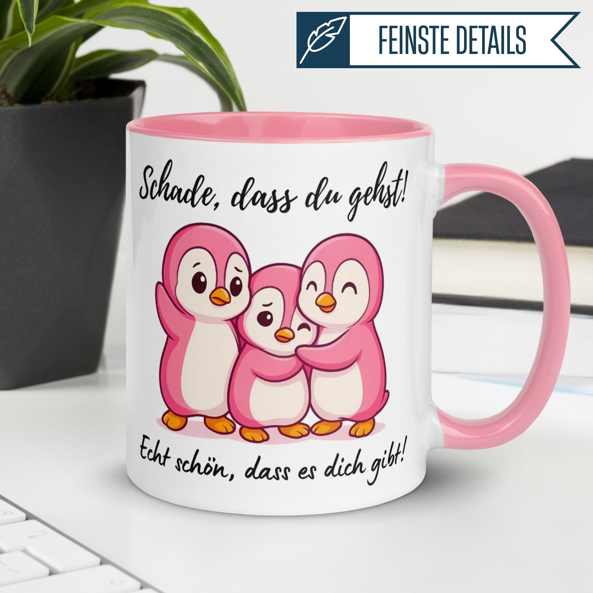 Momentals Tasse mit rosa Pinguinen und Spruch zum Abschied "Schade, dass du gehst!"
