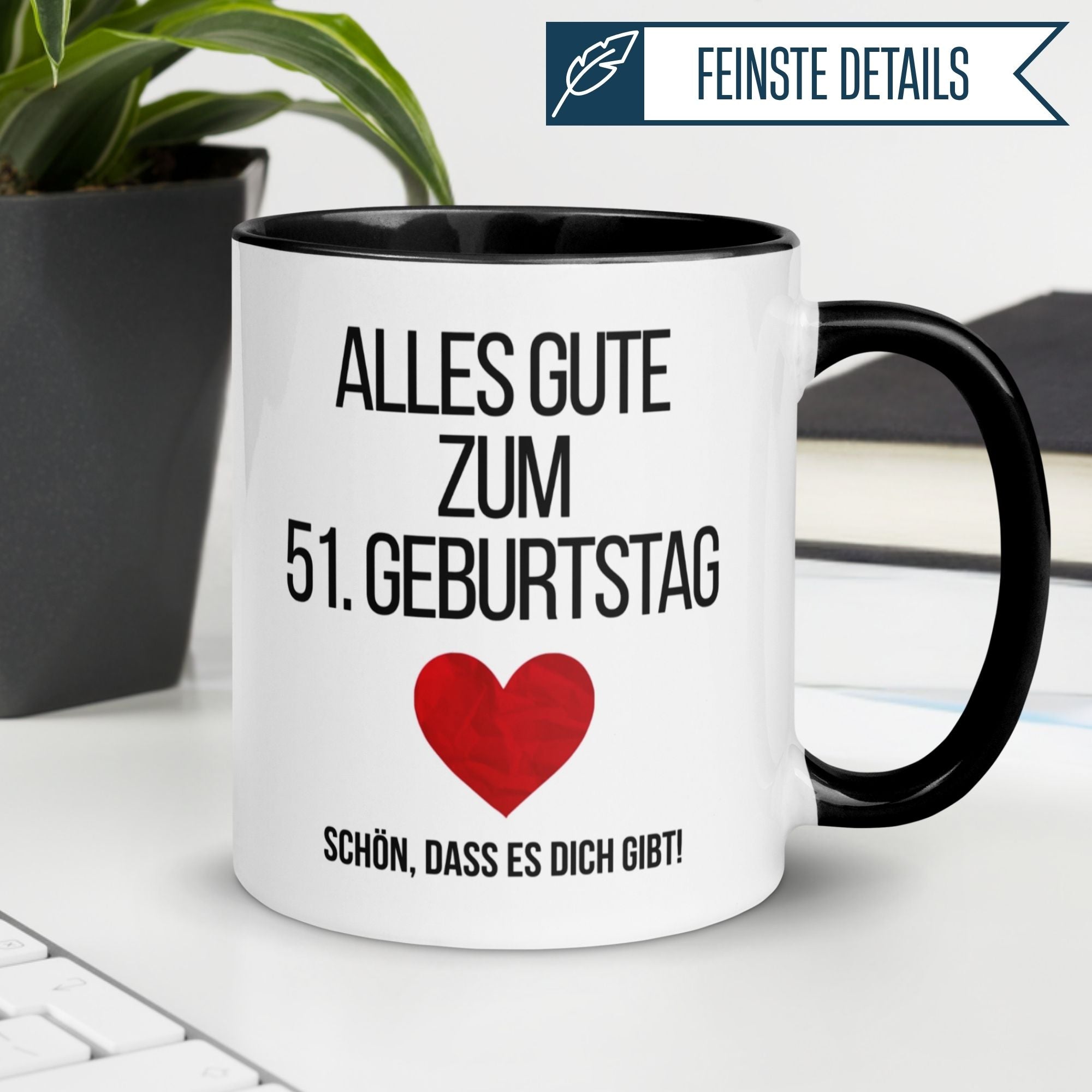 Tasse zum 51. Geburtstag mit herzlichem Spruch und rotem Herz, perfektes Geschenk für Männer.