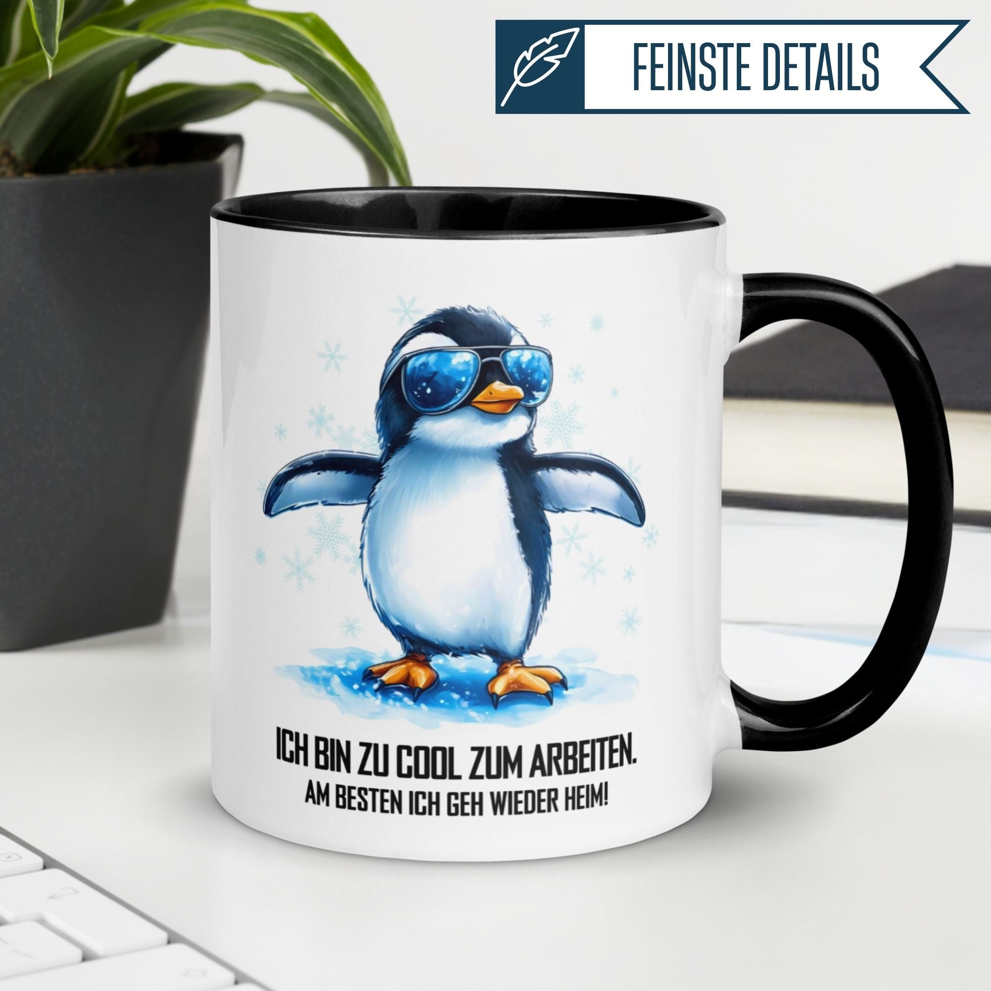 Momentals Tasse mit Pinguin, Spruch 'Ich bin zu cool zum Arbeiten', ideal für Morgenmuffel.