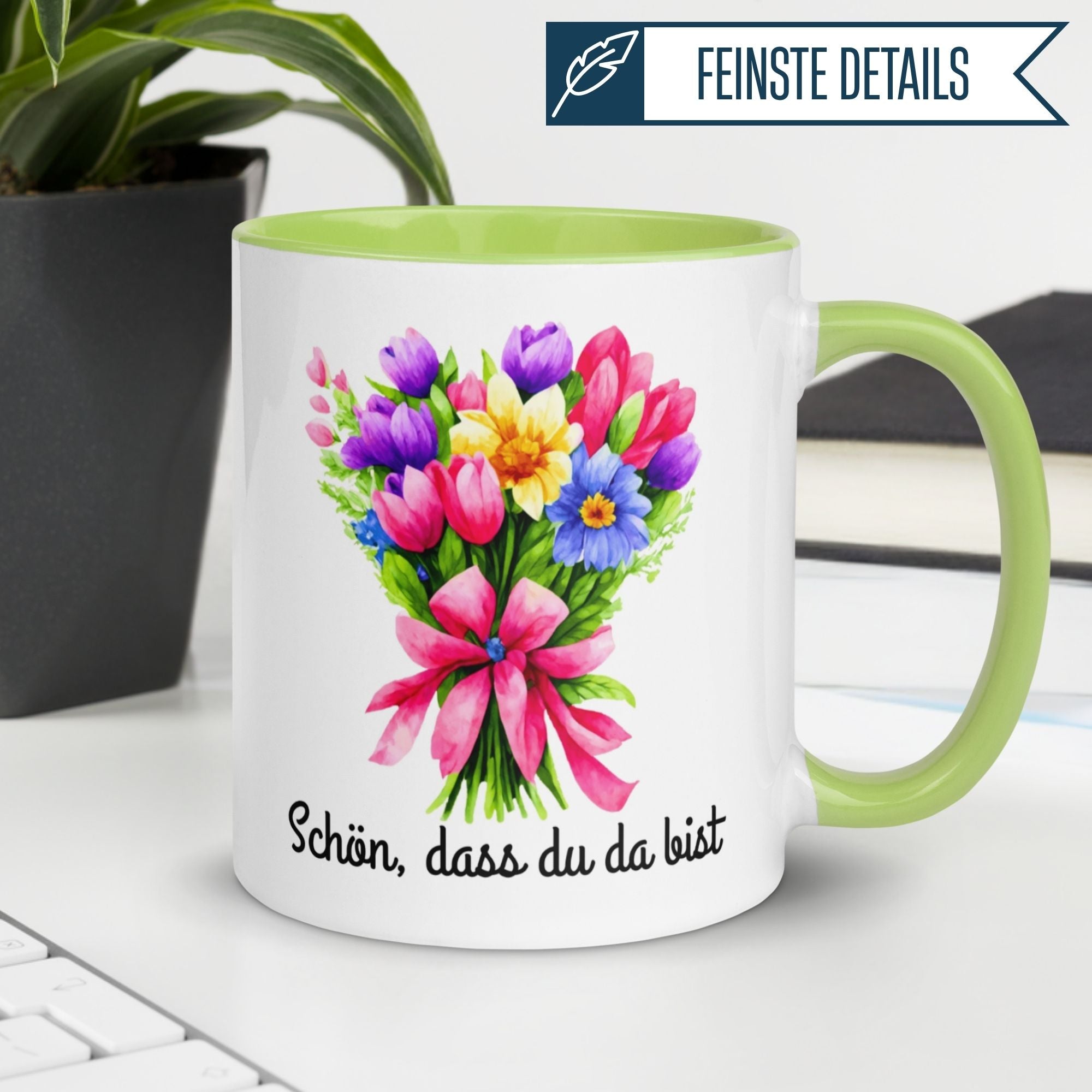Momentals® Tasse mit buntem Blumendesign und dem Spruch "Schön, dass du da bist" für Wertschätzung.
