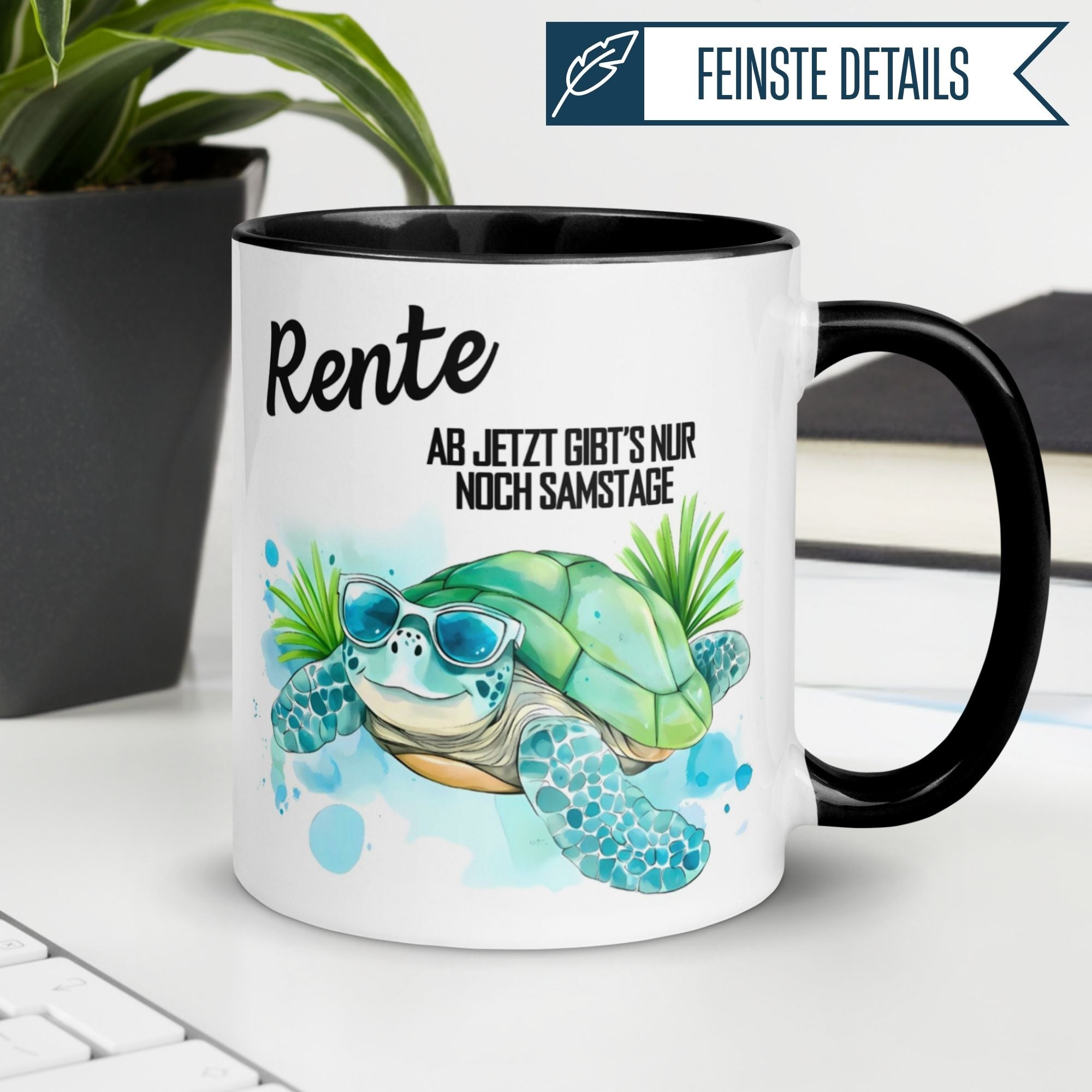 Momentals Tasse mit Schildkröte, Sonnenbrille und Spruch über Rente und Samstage.