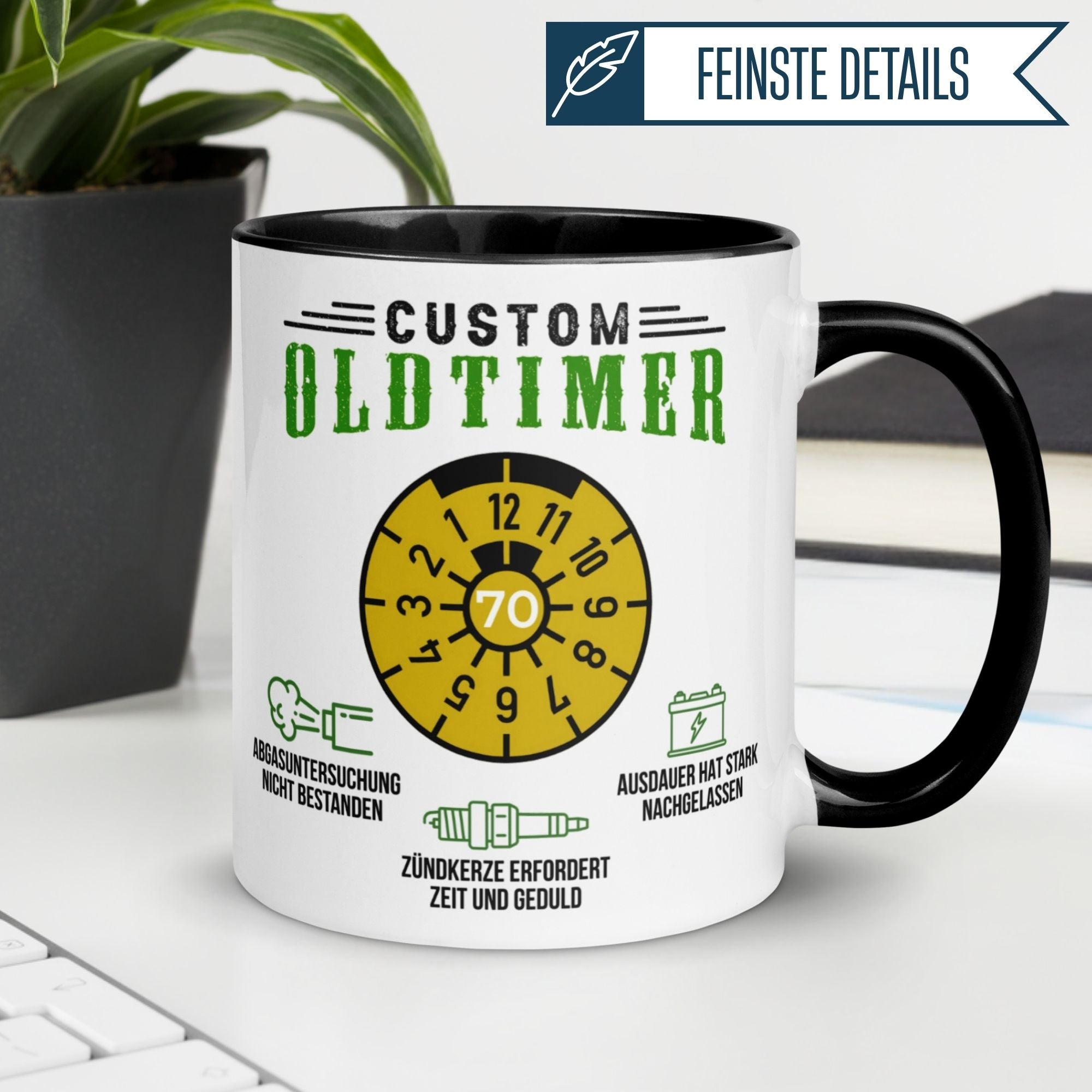Momentals® Tasse für den 70. Geburtstag mit humorvollem Oldtimer-Motiv und Spruch.