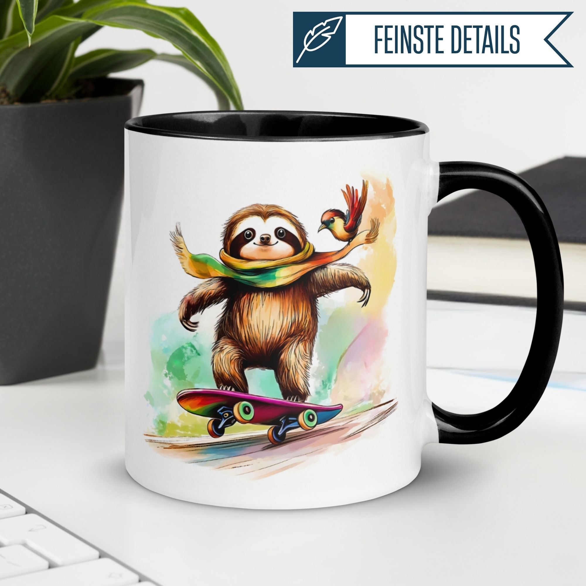 Momentals Tasse mit Faultier auf Skateboard und Vogel, fröhliches Design für Tierfreunde.