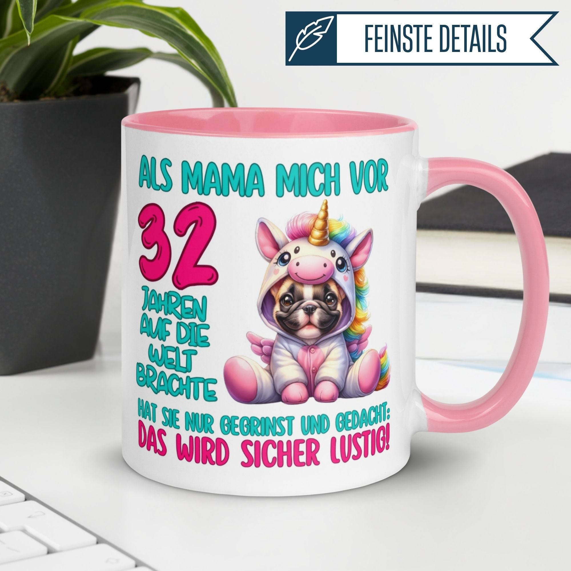 Momentals Tasse für 32. Geburtstag mit Einhorn und Hund, ideal für Geburtstagsgeschenke.